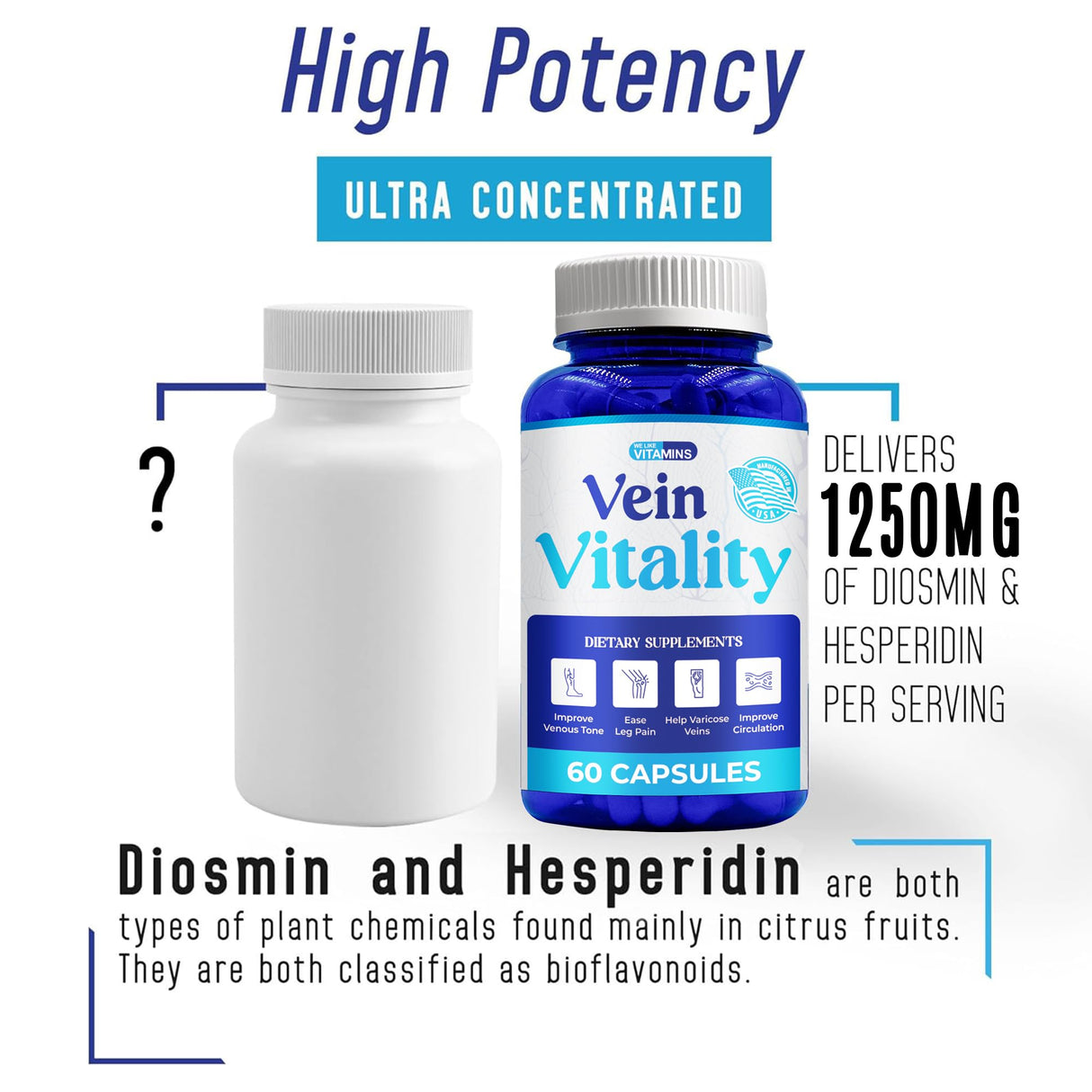 We Like Vitamins Vein Vitality 1250mg Diosmin Hesperidin Complex for Varicose Veins Treatment, Horse Chestnut, Butchers Broom, Bioflavonoids - Supports Blood Circulation for Leg Veins- 60 Capsules