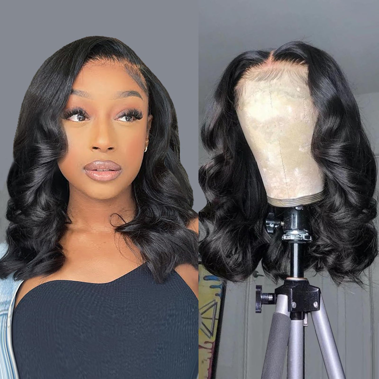 Douyin Bob Wig Human Hair 13x4 Frontal Lace Wig 14 Inch Body Wave 180% Density HD Lace Front Wigs Human Hair Pre Plucked Bob Wigs for Women (14 inch, Natural Black)