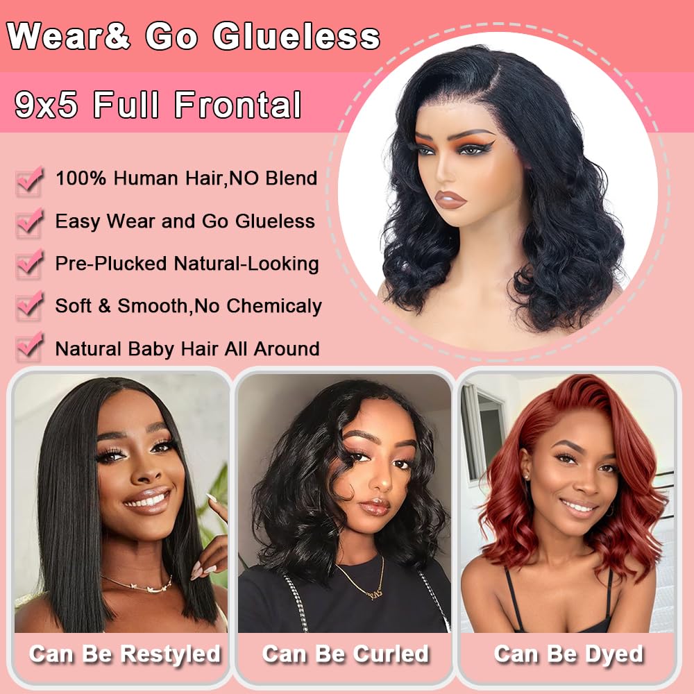 9x5 Glueless Wigs Human Hair Pre Plucked Pre Cut Bob Wig Human Hair 200% Density Body Wave Lace Front Wigs Human Hair HD Closure Wigs Short Bob Wigs for Black Women Wear and Go Glueless Wig 12 Inch