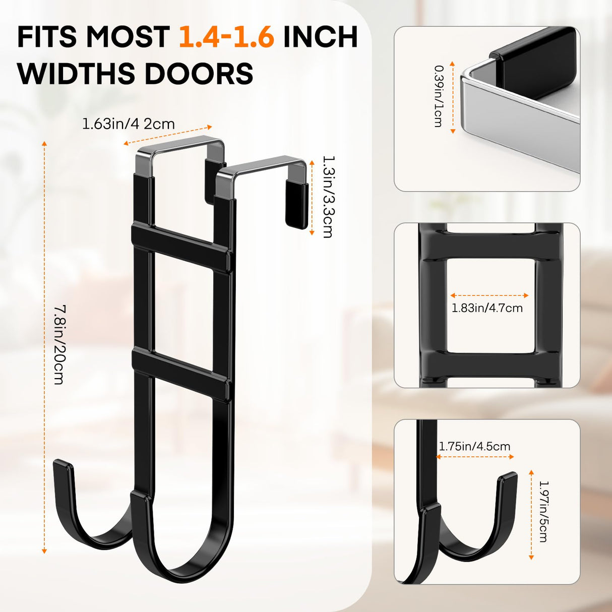 FYY Over The Door Hooks - 4 Pack Heavy Duty Dual-Hook Organizer Hanger with Non-Slip Rubber for Towels, Clothes, Hats & Bags Use in Bathroom, Bedroom, Kitchen - Fits Interior Doors Up to 1.6" Black