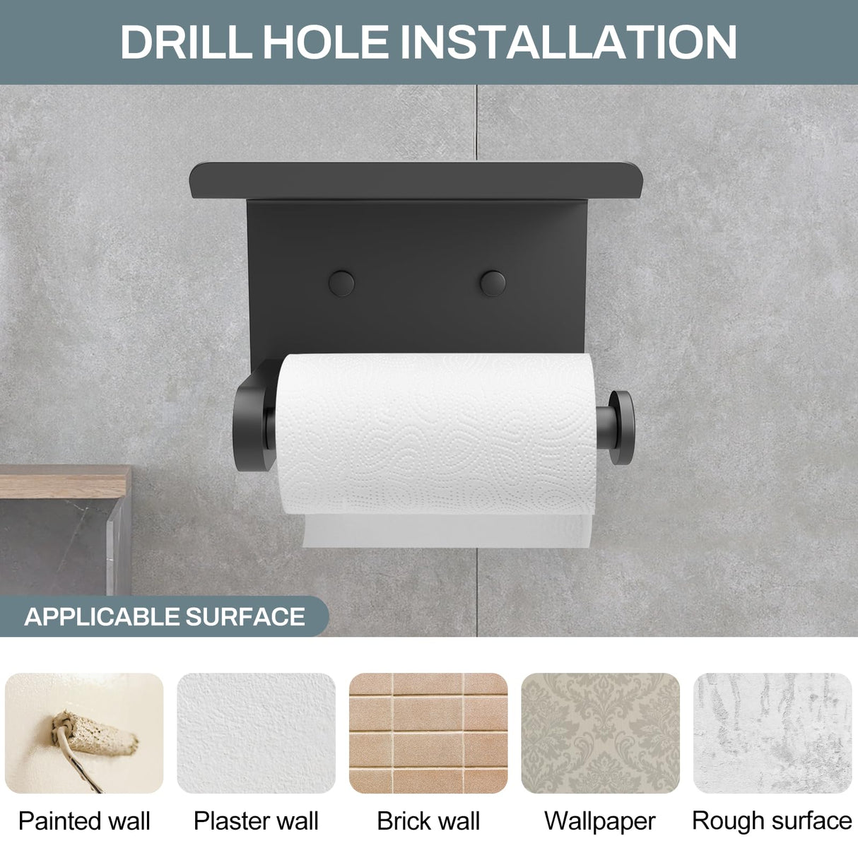 SetSail Toilet Paper Holder with Shelf Adhesive or Screw-in Bathroom Toilet Paper Roll Holders Wall Mount Matte Black Tissue Holder for Bathroom Hardware Accessories, 2 Packs