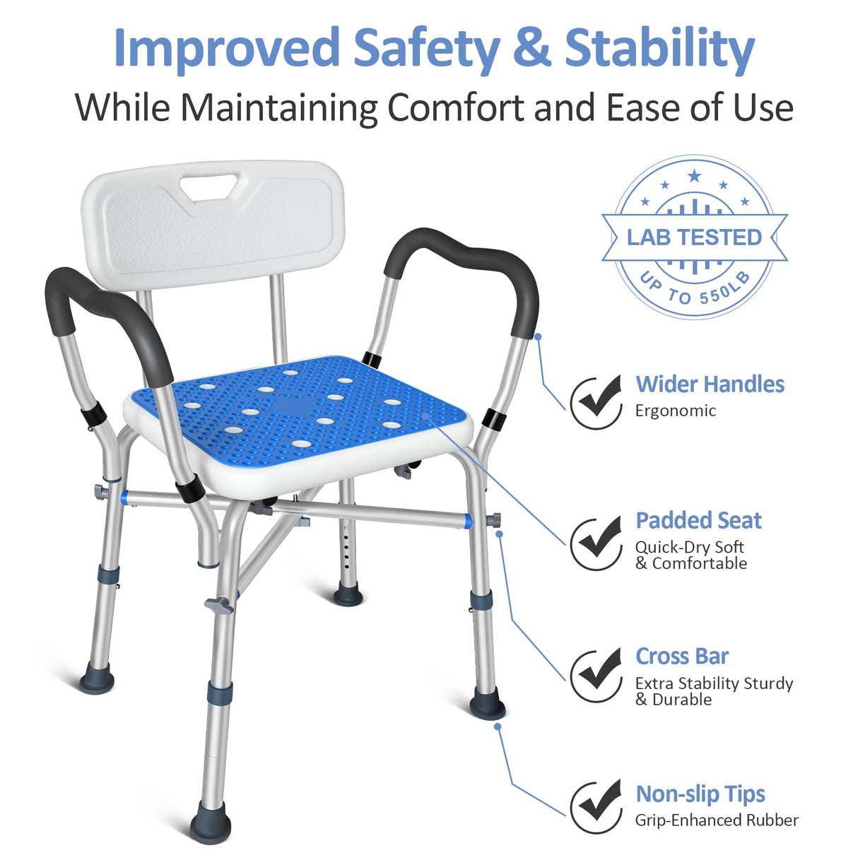 KingPavonini Shower Chair for Inside Shower, 550LBs Heavy Duty Bath Chair with Arms, Medical Shower Seat, Bath Stool Safety Shower Bench with Reinforced Crossing Bar for Elderly, Adults, Disabled