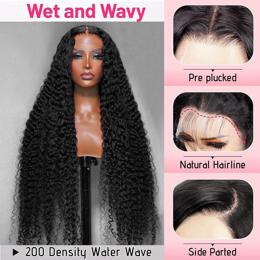 200 density 13x6 Water Wave Lace Front Wigs Human Hair Pre Plucked Glueless Wigs Human Hair Water Deep Cury HD Transparent 13x6 Full Lace Frontal Wigs Brazilian Virgin Hair Wigs Natural Black 28inch