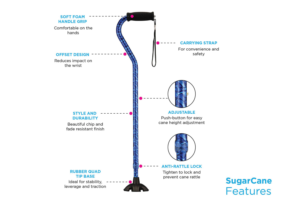 NOVA Medical Products Sugarcane, Walking Cane with All Terrain Rubber Quad Tip Base and Carrying Strap, Waves Design, Blue Rain