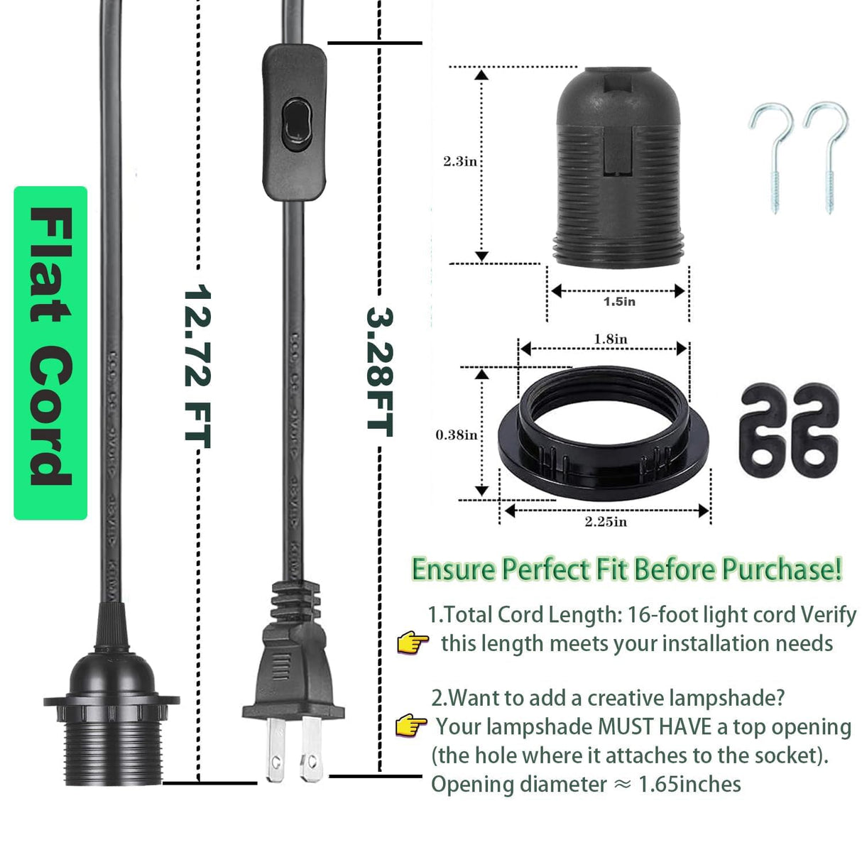 Zarnicy Plug in Pendant Light Cord - 16Ft Hanging Light Kit E26/E27 Light Socket Hanging Lantern Lamp Cord with On/Off Switch,Socket Rings, 2 Pack, Black