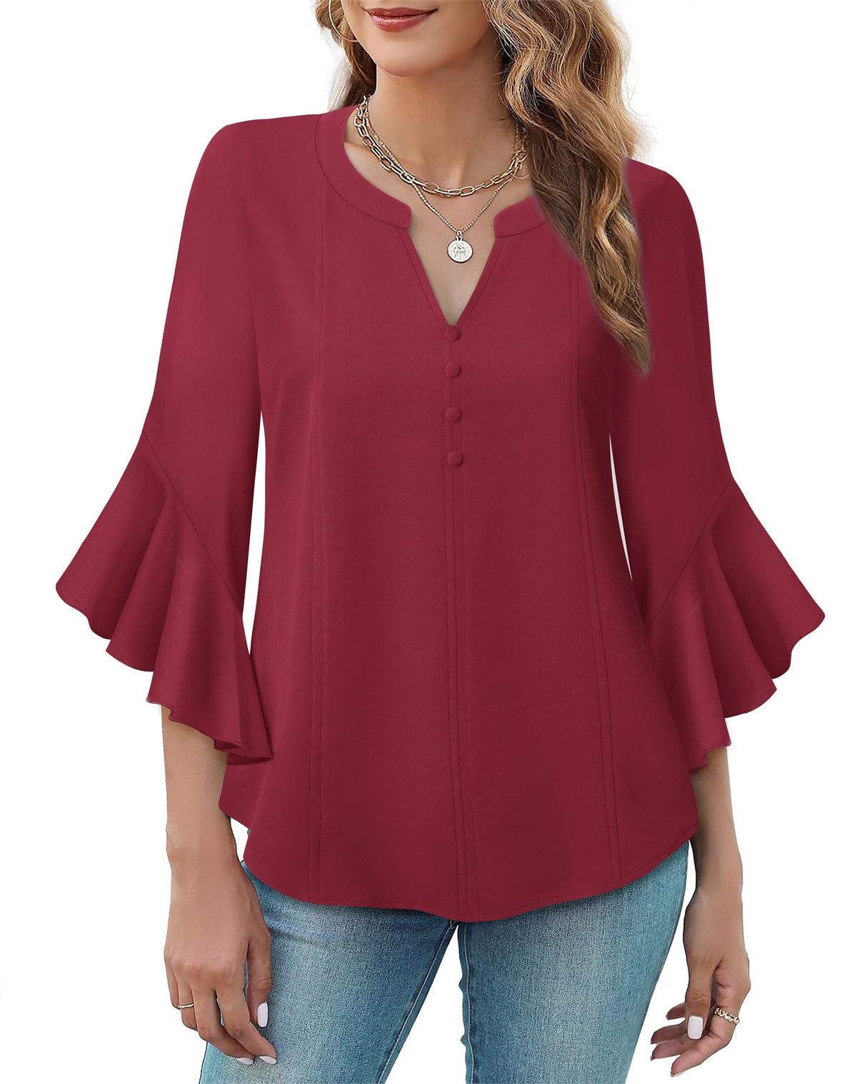 Bebonnie Womens Blouses Dressy Casual: Ruffle 3/4 Sleeve Button Down Shirts - Dinner Christmas Holiday Outfits - Dress Shirts Fancy Wedding Guest Evening Wear for Curvy Women Wine Red XL