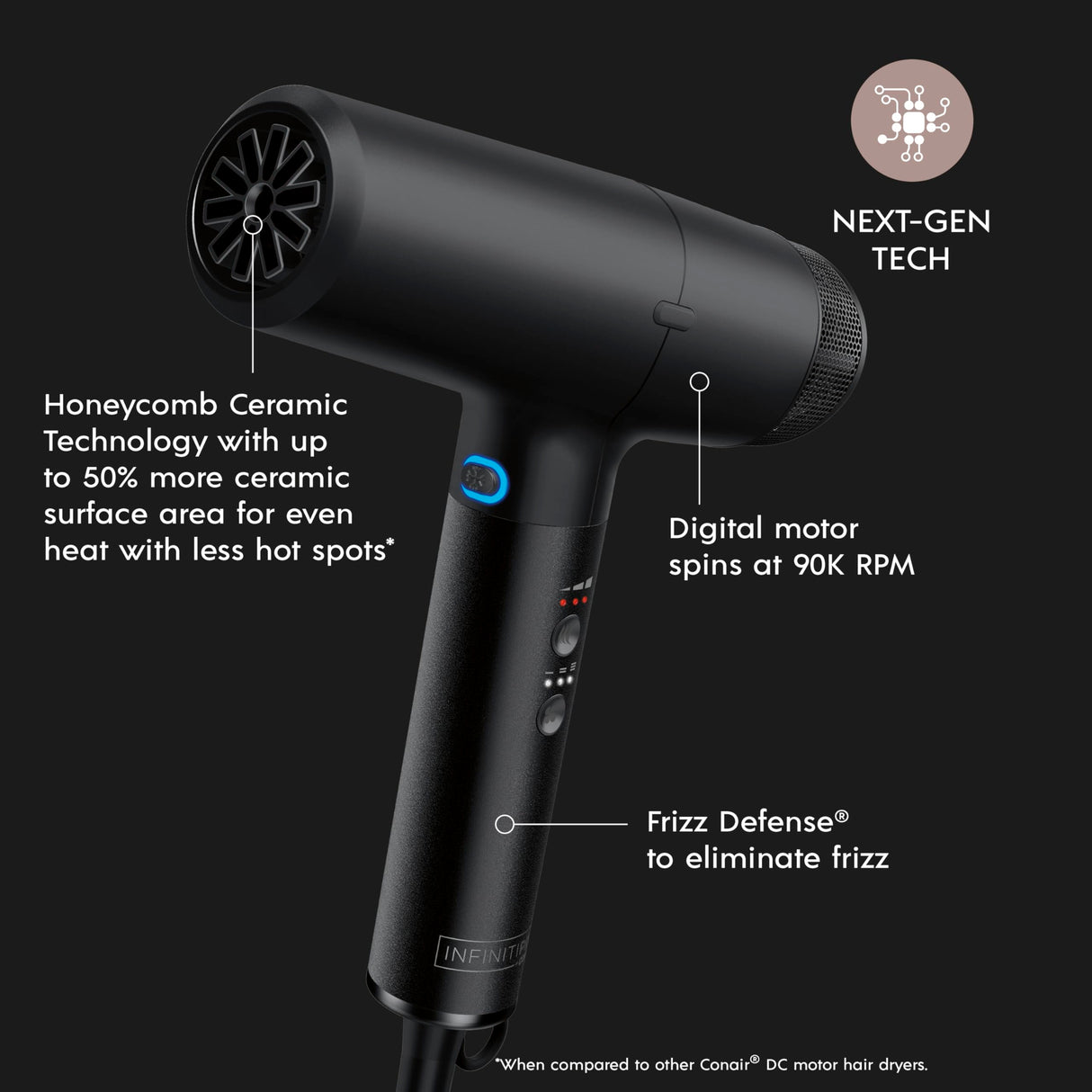 INFINITIPRO by CONAIR DigitalAIRE Hair Dryer | Frizz-Eliminating Hair Dryer with Diffuser | Hair Blow Dryer with Up to 5X More Speed for Higher Air Pressure & Drying Power | Black