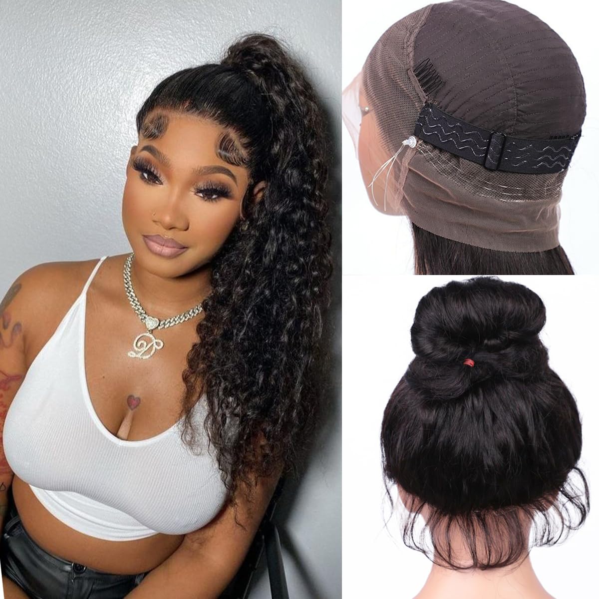 Ebarly Hidden Strap 360 Full Lace Front Wigs Human Hair Pre Plucked Bleached Knots 180 Density Water Wave HD Lace Frontal Wig with Drawstring Natural Hairline Glueless Wigs for Women(24 inch)