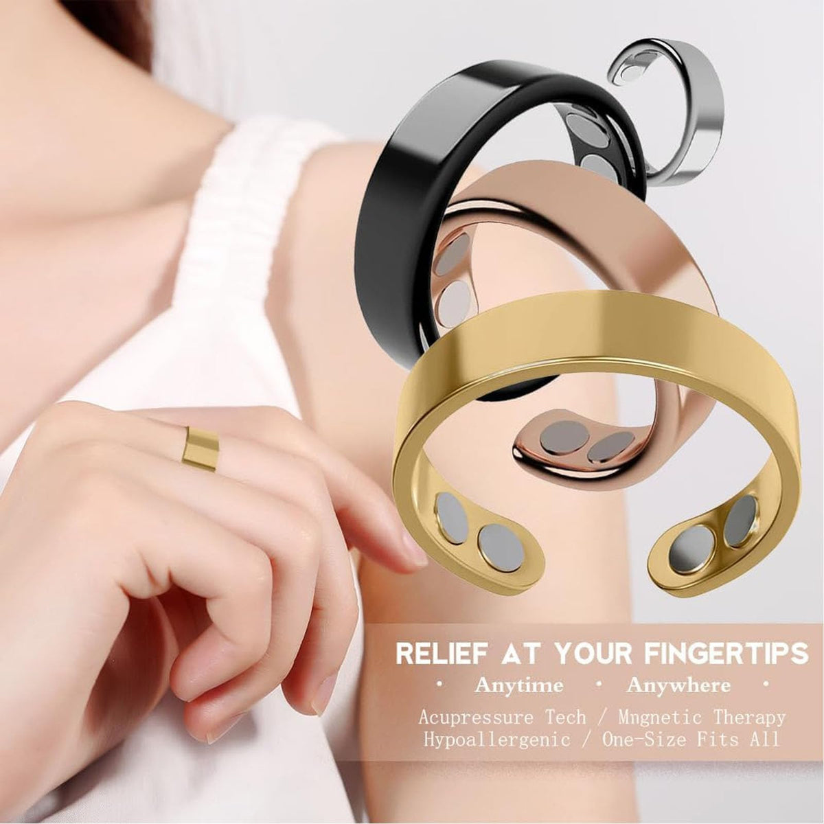 ZCVFA Vayro Ring, Original Mgntc Wellness Ring for Women and Men Stainless Steel Open Lightweight and Water-Resistant Rings(Gold&Silver&Rose Gold&Black)