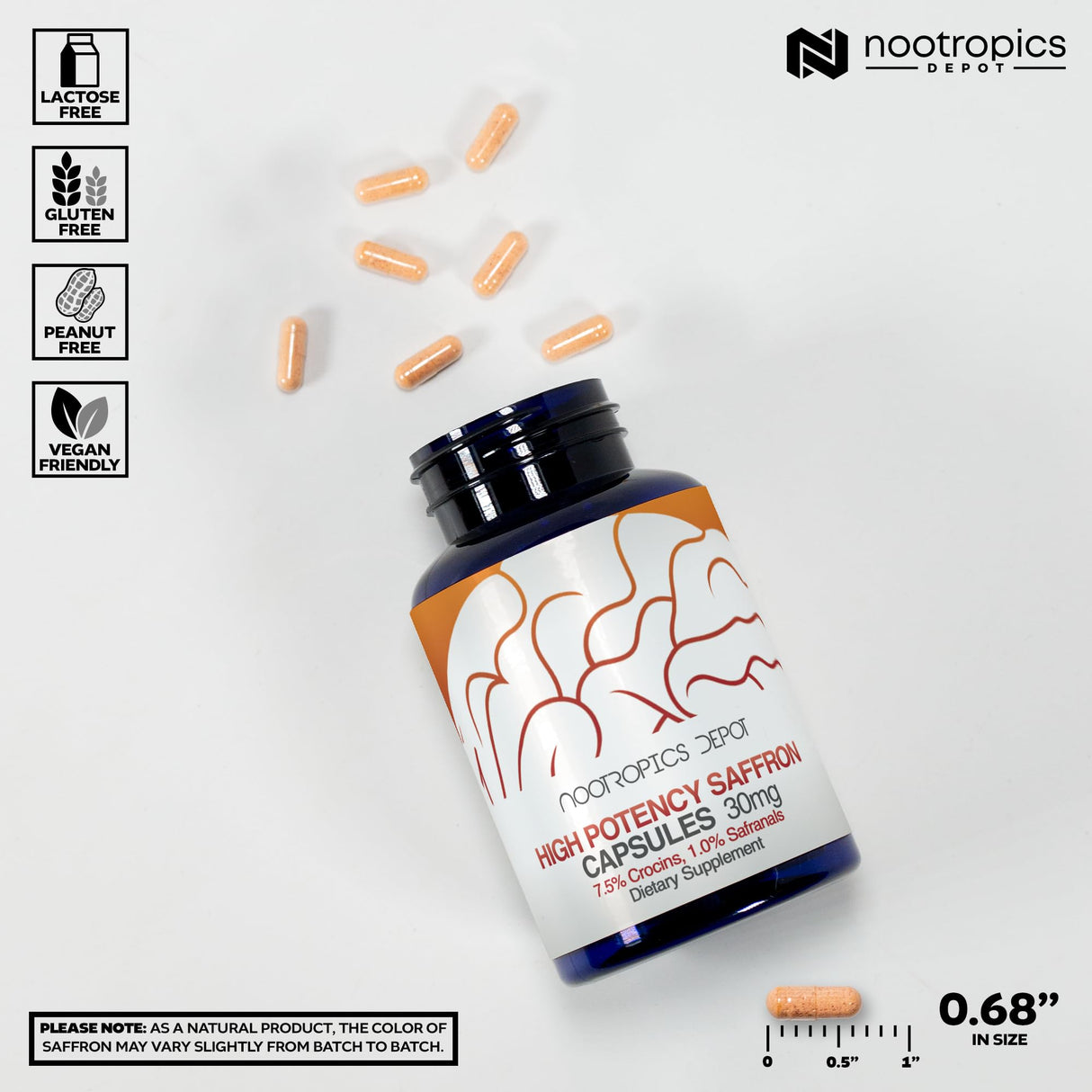 Nootropics Depot High Potency Saffron Extract Capsules | 30mg | Minimum 7.5% Crocins and 1% Safranals | Crocus sativus | 180 ct