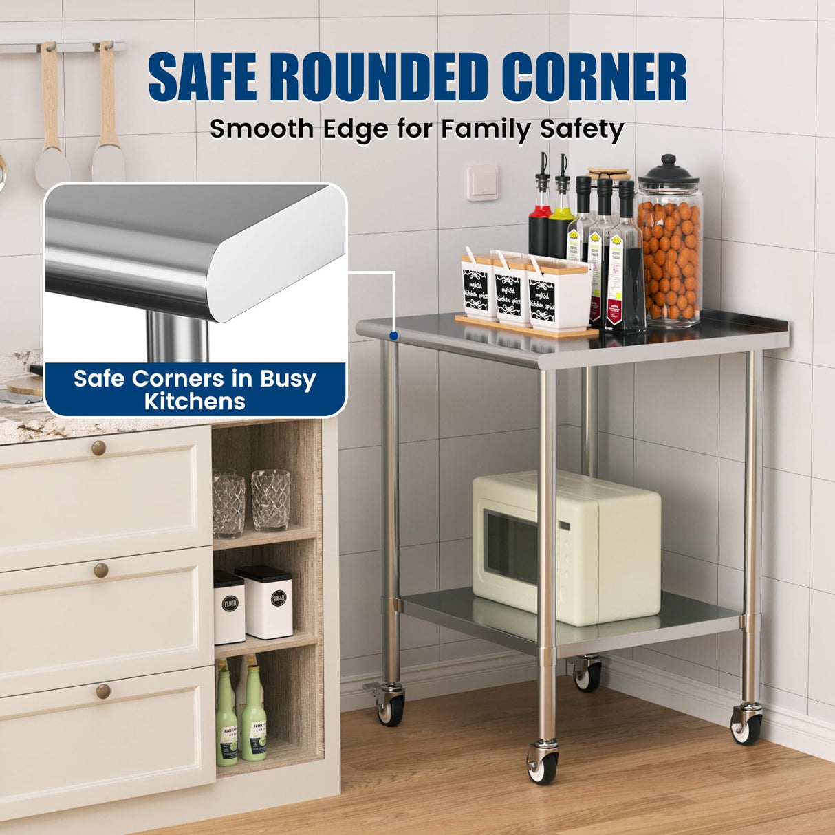 Stainless Steel Work Table with Wheels, 30x30 Inch NSF Food Prep Table with Backsplash & Adjustable Undershelf for Commercial Kitchen, Restaurant, Garage