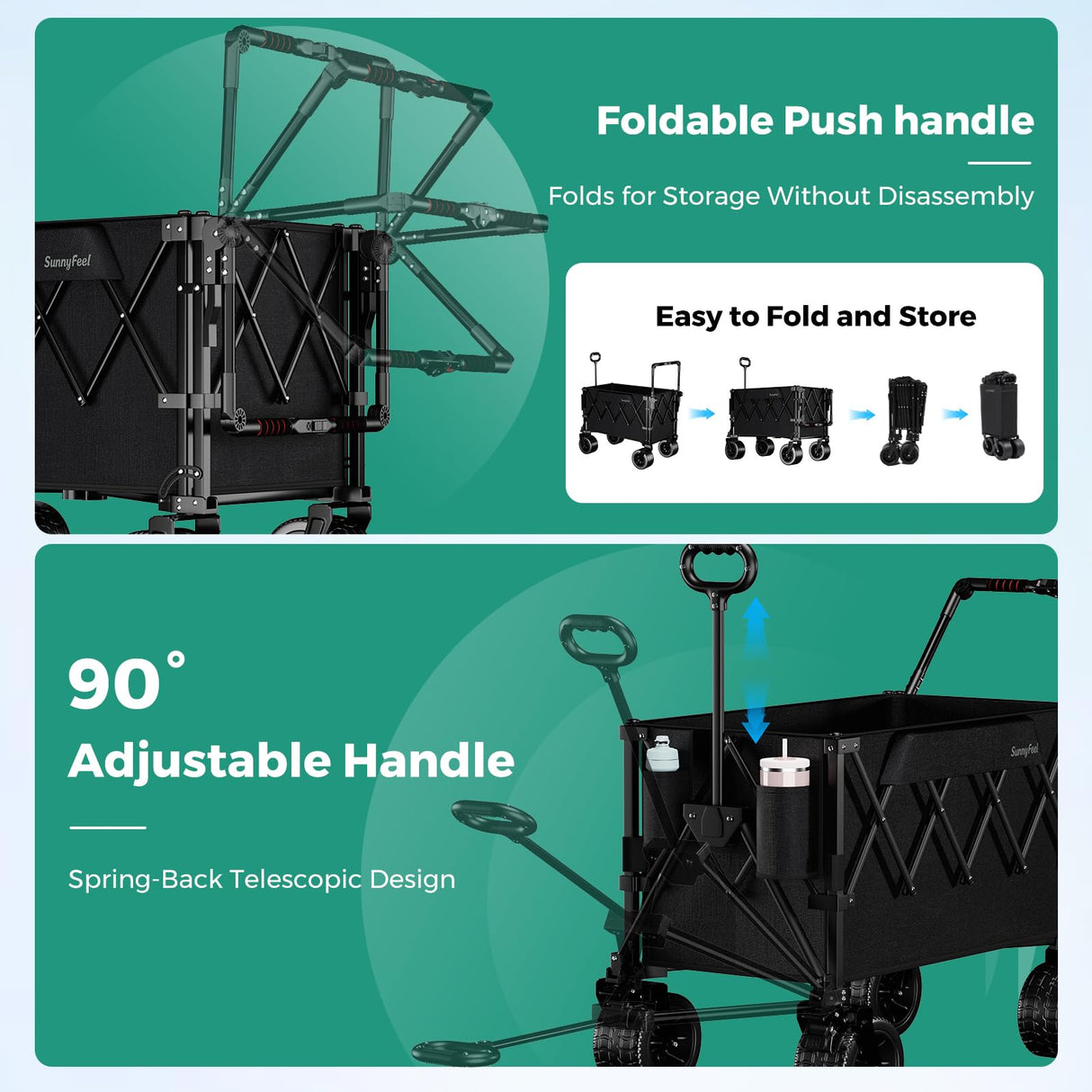 SUNNYFEEL 550LBS Push Pull Foldable Wagon with Tailgate & Big Wheels