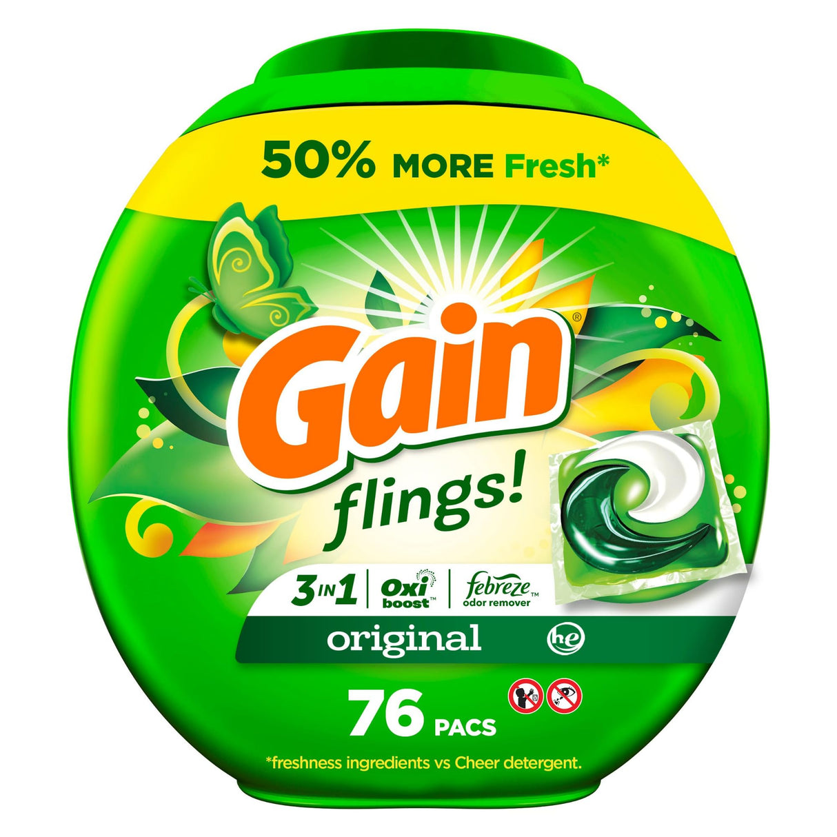 Gain flings Laundry Detergent Soap Pacs HE Compatible Long Lasting Scent, Original Scent, 76 Ct, Gain Laundry Detergent