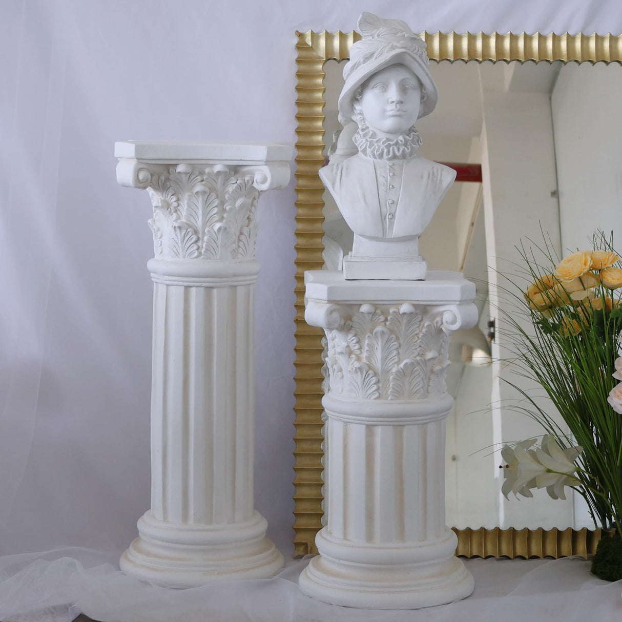 VISIBLE Decorative Roman Column Pedestal, Black Bronze, MGO Cement with Fiber, Classical Garden Pillar, Indoor Outdoor Decor (White, 33.5IN)