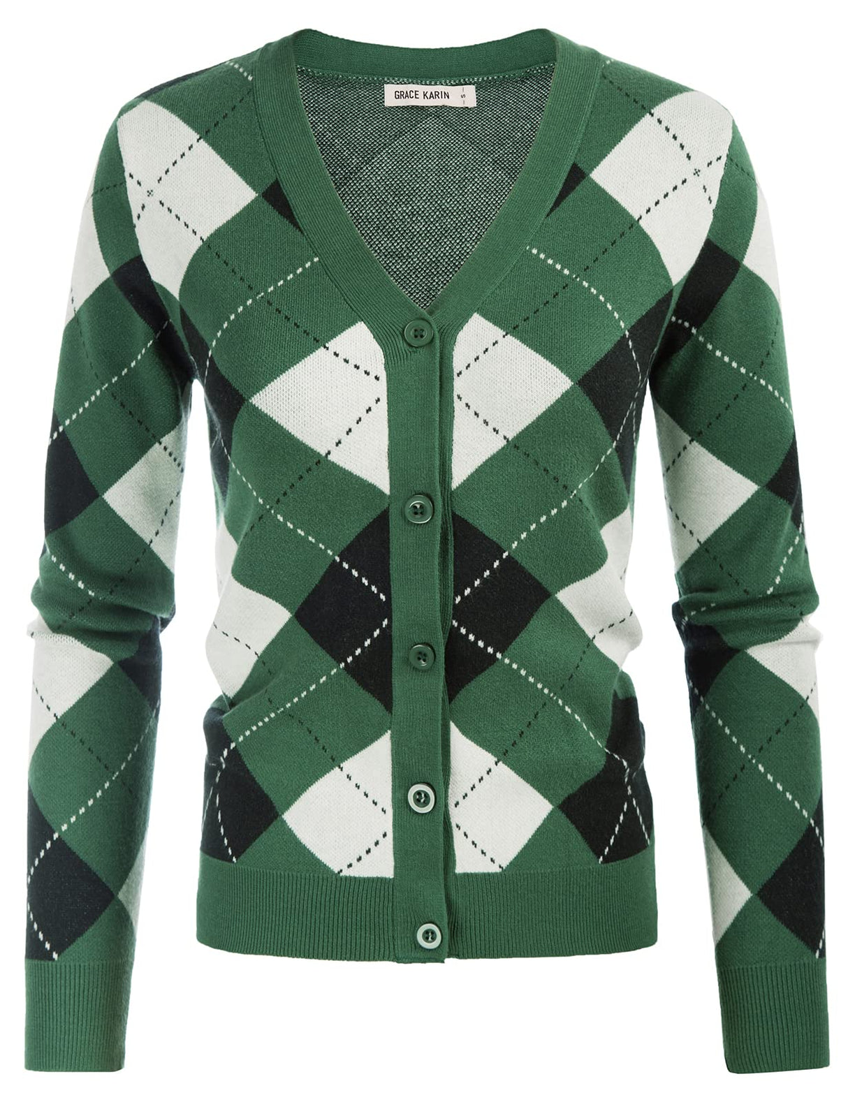 GRACE KARIN Button Up Cardigans for Women Vintage Long Sleeve Knit Cardigan Lightweight V Neck Sweaters Christmas Sweaters for Women (Green White,XL)