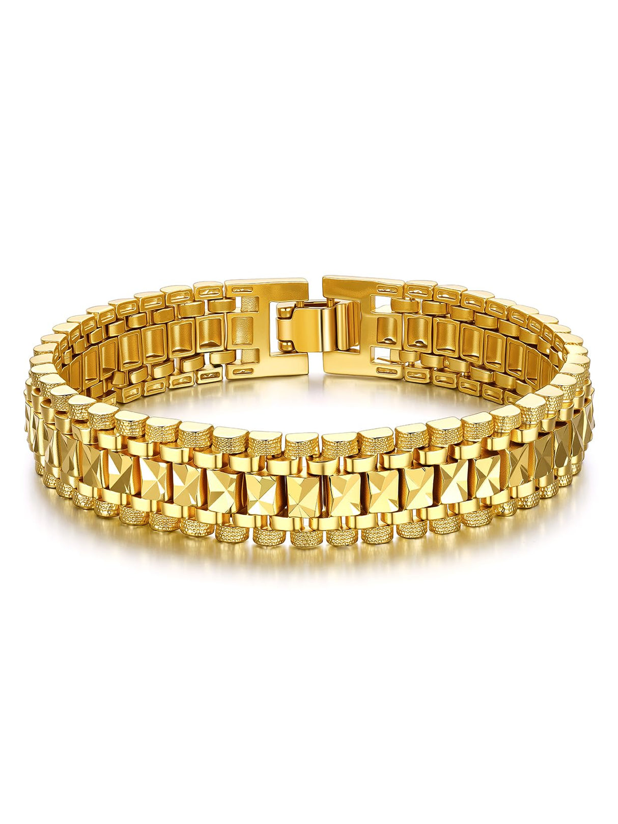 U7 Gold Bracelet for Men,14K Yellow Gold Plated Solid Mens Bracelet 12mm