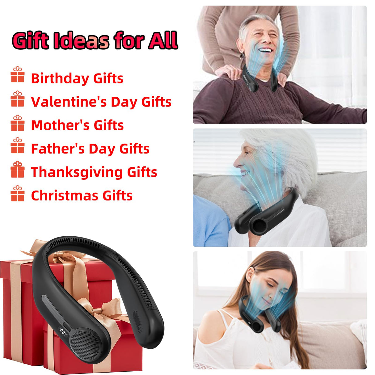 Portable Neck Fan,Hands Free Personal Wearable Bladeless Fan,6000mAh USB Rechargeable,360° Cooling,LED Display,4-Speeds,Birthday Gifts for Men Women Dad Mom,Stocking Stuffers Christmas Gifts (Black)