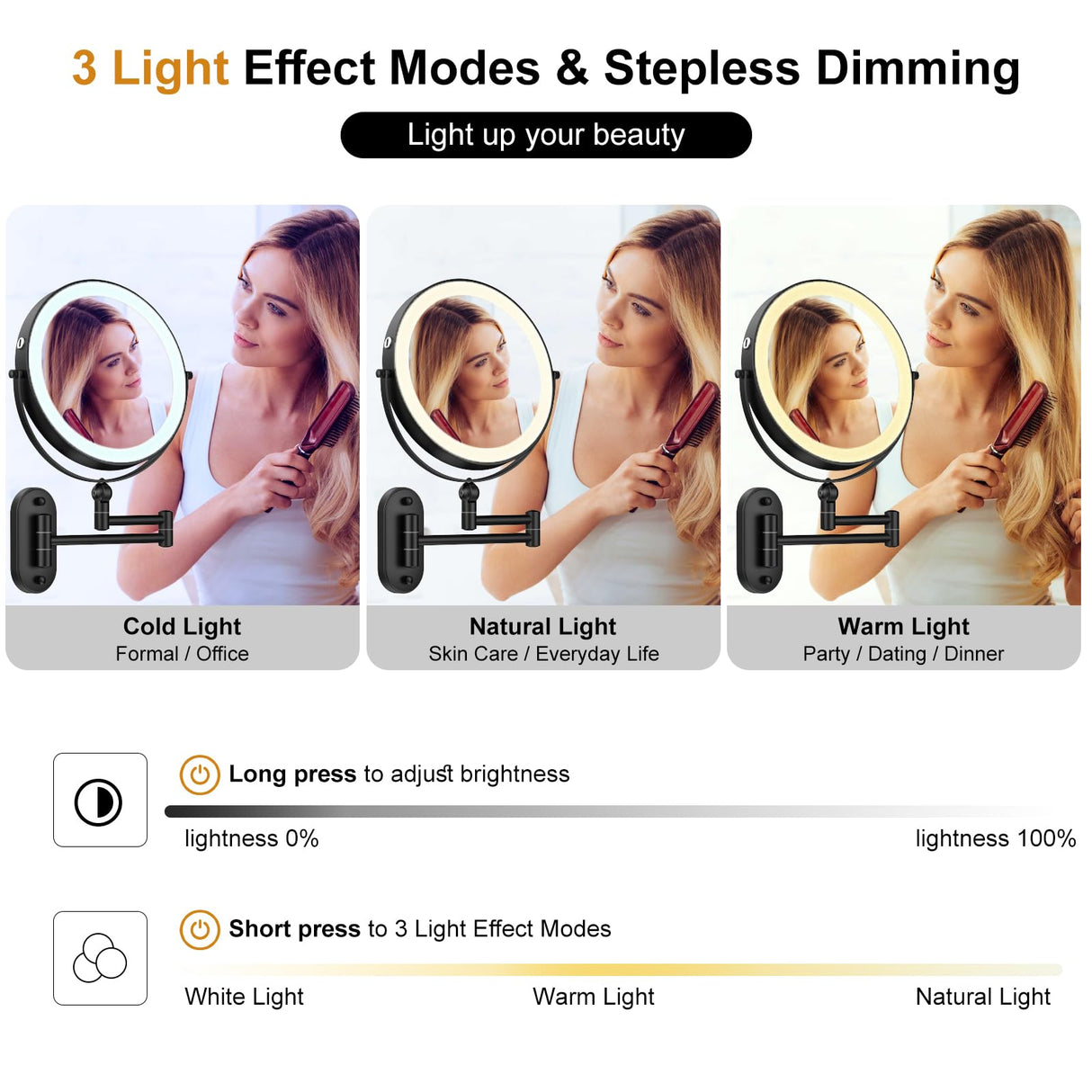IMIKONA 9" Wall Mounted Lighted Makeup Mirror,4000mAh Rechargeable Double Sided 1X/10X Magnifying Mirror with Light,3 Color Lights,Touch Dimmable,Extended Arm 360 Rotation Wall Mounted Makeup Mirror