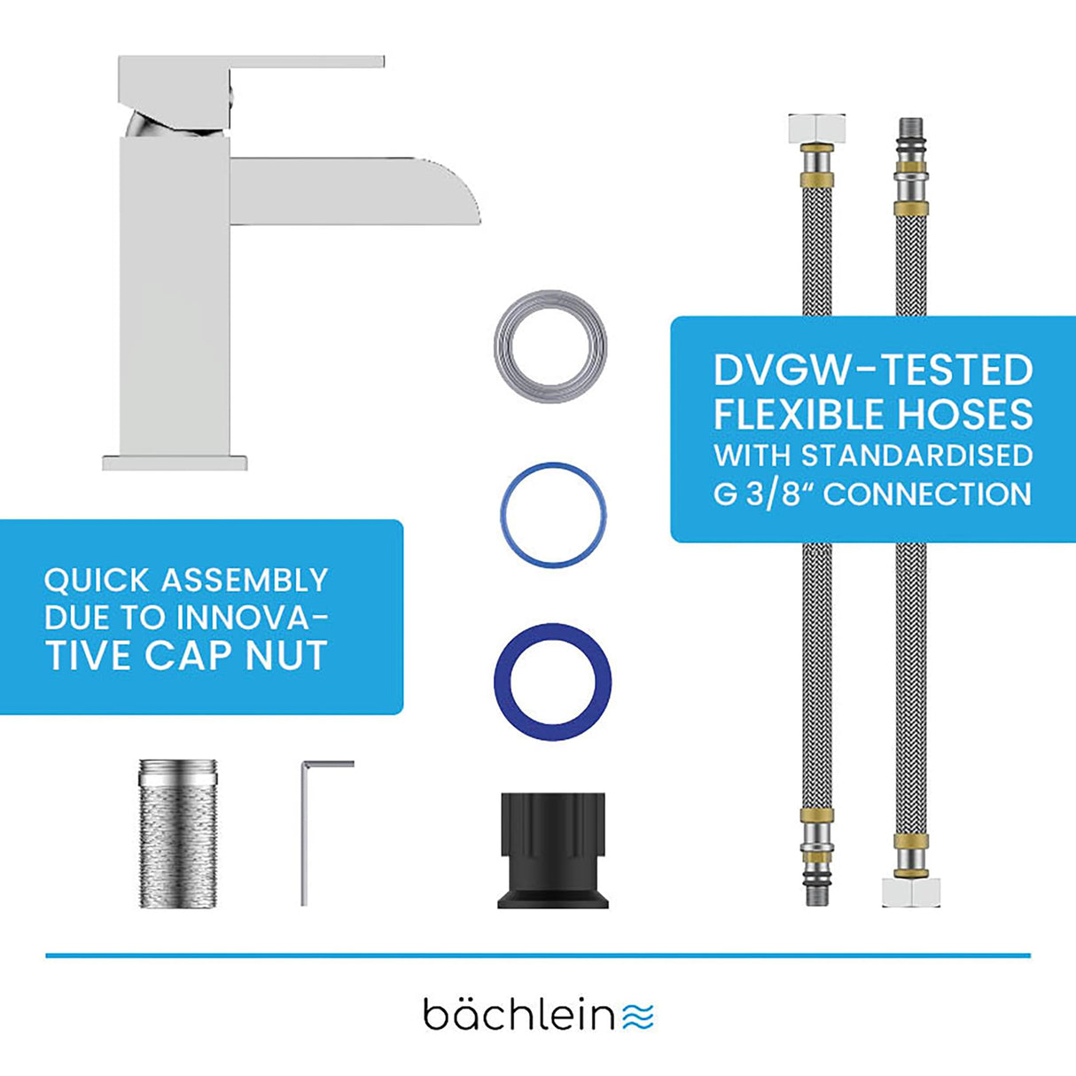 Bächlein Water Tap for The Bathroom in Stream Design, Single-Lever Mixer with Durable Ceramic Cartridge and Installation Set, Bathroom Faucet Chrome