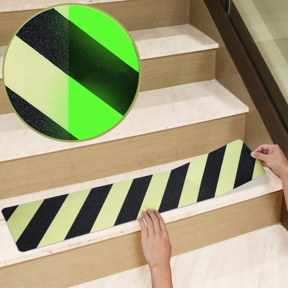 LifeGrip Anti Slip Traction Treads, Glow in the Dark Striped Treads (10-Pack), 6" X 32", Best Grip Tape Grit Non Slip, Outdoor/Indoor, High Friction Abrasive Adhesive for Stair Step, Luminous Green