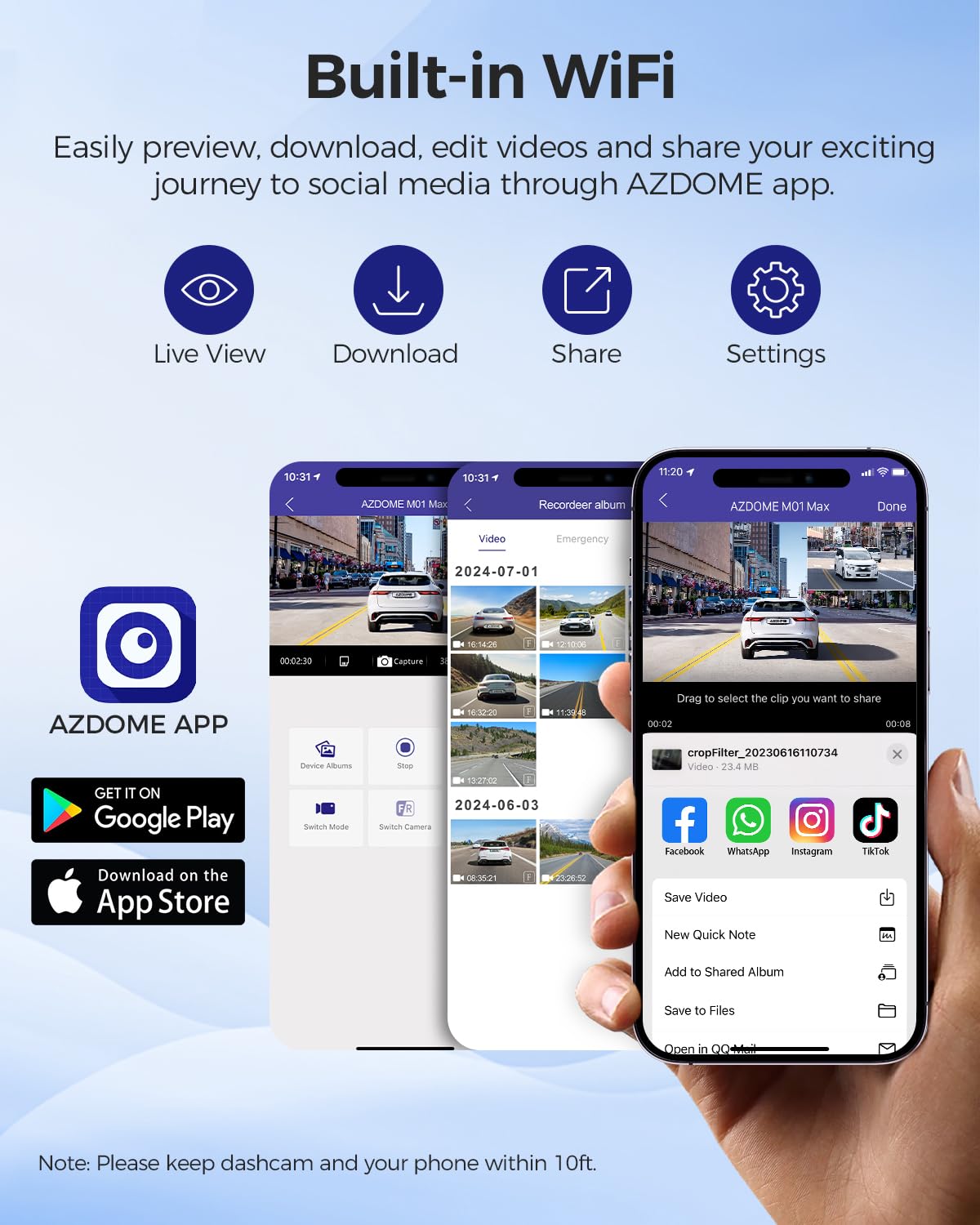 AZDOME M01 Max UHD 4K Dash Cam Front and Rear, Built-in Wi-Fi, Free 64GB Card, App Control, 4K+1080 Dash Camera for Car, Built-in ADAS, G-Sensor, IP68 Waterproof, 24H Parking Mode Dashcam