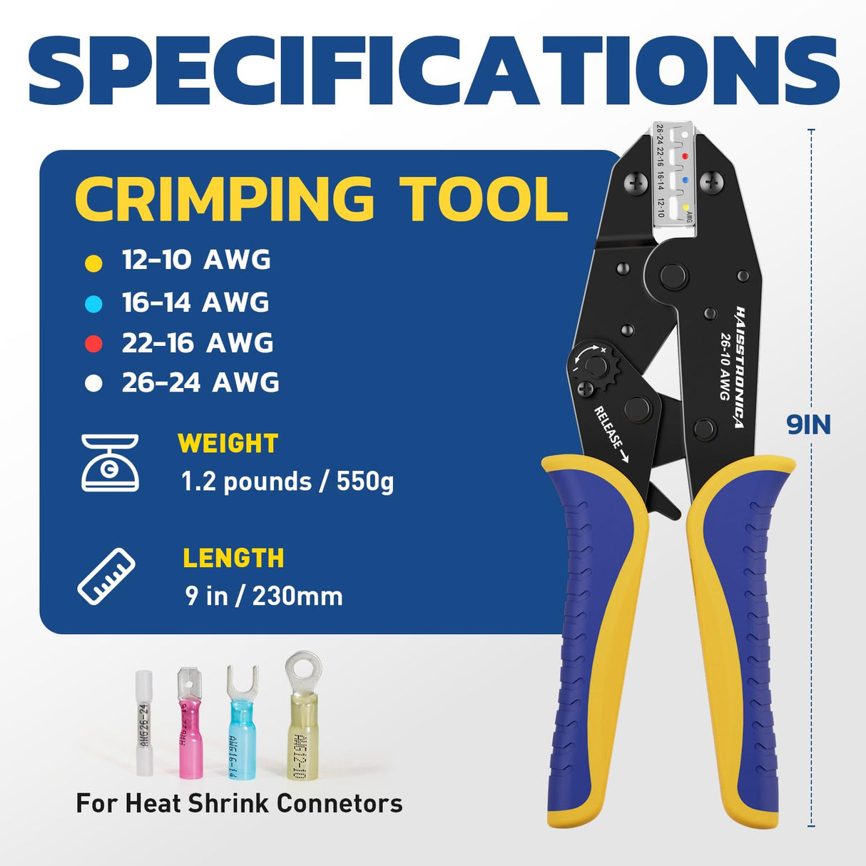 haisstronica Crimping Tool For Heat Shrink Connectors-AWG 26-10 Ratchet Wire Terminal Crimper-Ratcheting Crimper Tools-Available For Insulated Nylon Connectors and Electrical Wire Connectors HS-8327