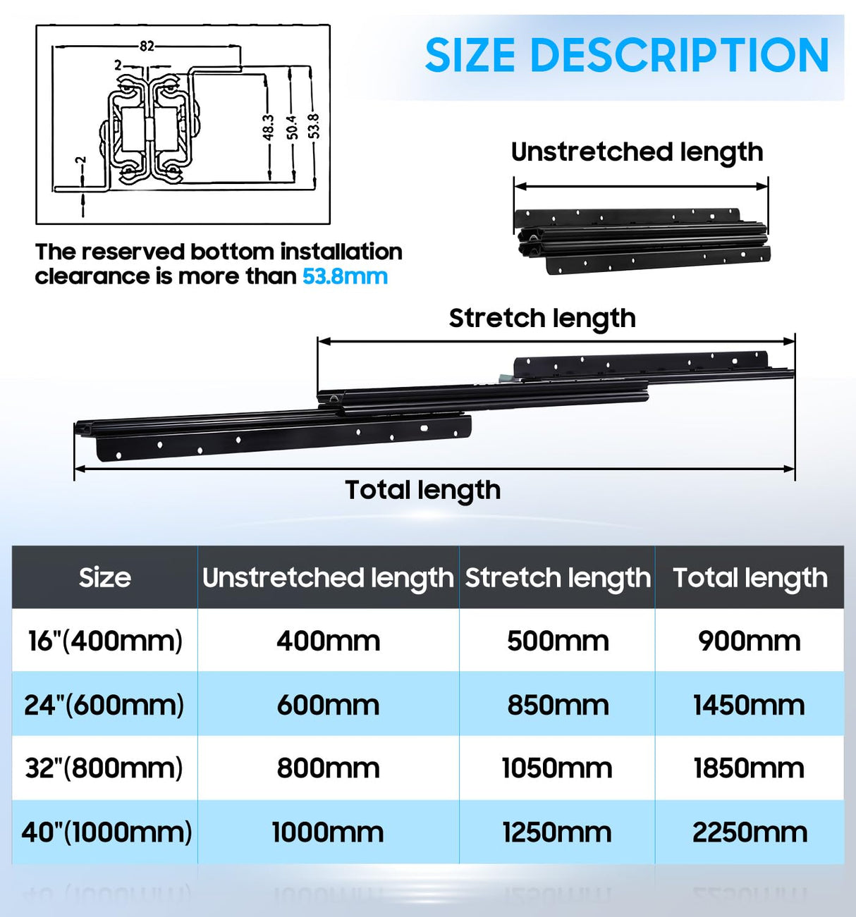 REGUDA Undermount Heavy Duty Drawer Slides Rail Bottom Mounted Full Extension Hidden Drawer Runners Ball Bearing Glides Staircase Cupboard Cabinet Wardrobe 16 24 32 40 Inch (loads up to 260 lbs)1 Pair