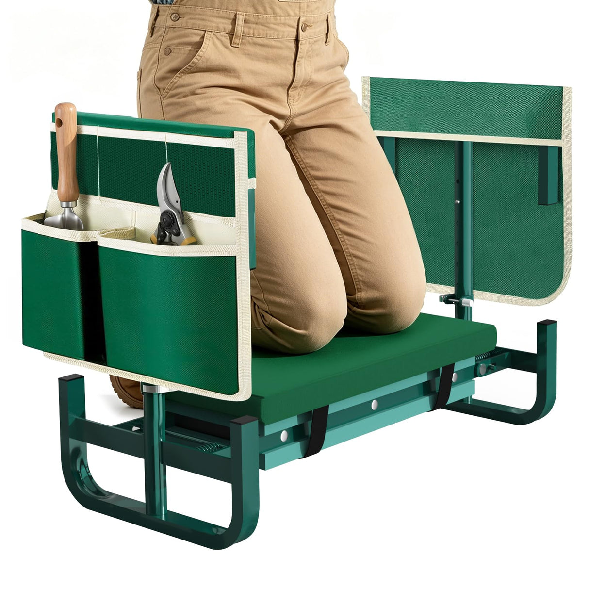 AUROPEAK 2-in-1 Garden Kneeler and Seat, Adjustable Garden Stool with Thickened Pad & Handles, 7-Level Height Adjustment, Foldable 420lbs with 2 Tool Bags for Seniors Gardening Outdoor Use