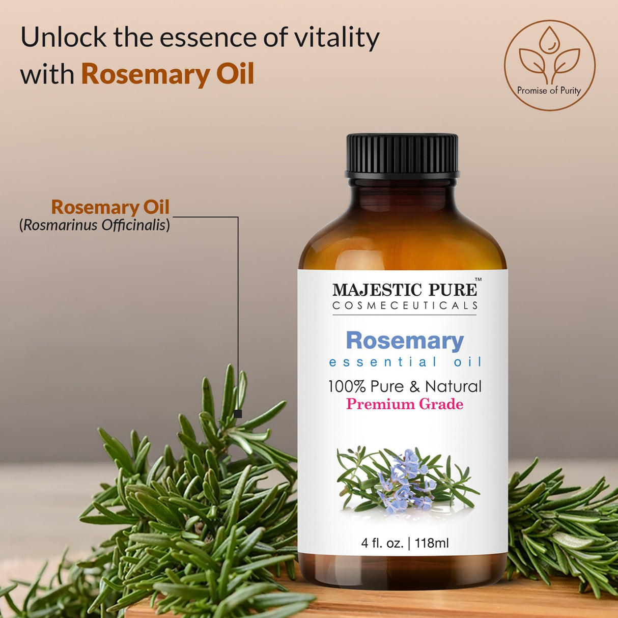 Majestic Pure Rosemary Essential Oil with Glass Dropper | 100% Pure and Natural Rosemary Oil | Premium Grade Essential Oils for Diffusers, Skin, Aromatherapy, Massage | 4 Fl Oz