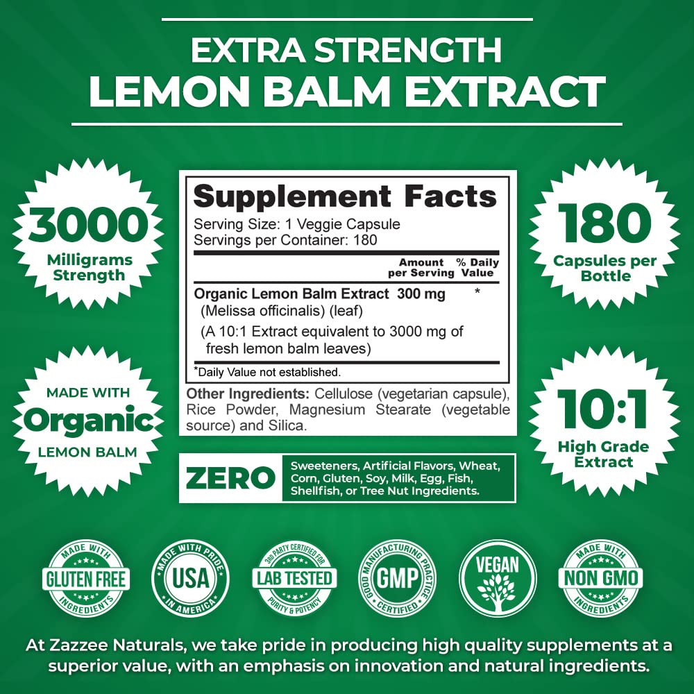 Zazzee Organic Lemon Balm 10:1 Extract, 3000 mg Strength per Capsule, 180 Vegan Capsules, 6 Month Supply, Standardized and Concentrated 10X Extract, 100% Vegetarian, All-Natural and Non-GMO