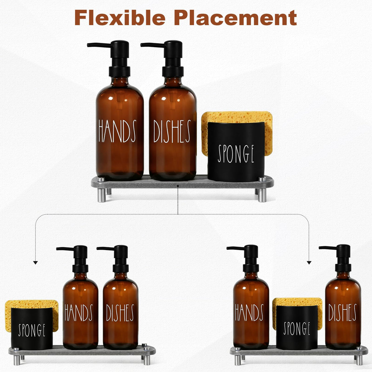 TOLDATLI Hand and Dish Soap Dispenser Set, Kitchen Soap Dispenser Set with Sponge Holder, 16.9oz Amber Glass Dispenser, Waterproof Labels, Instant Dry Tray|Upgrade for Your Kitchen and Bathroom