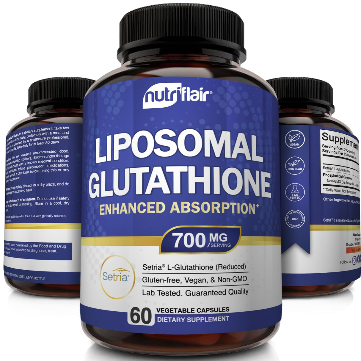 NutriFlair Liposomal Glutathione Supplement 700mg – Setria® Reduced L-Glutathione, 60 Capsules