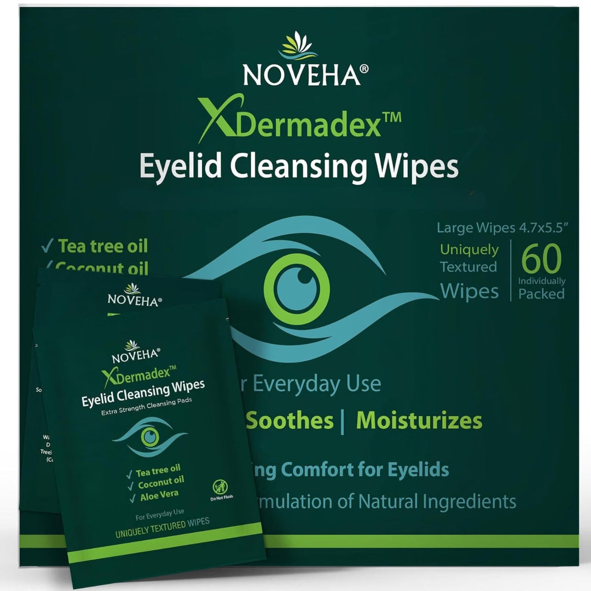 NOVEHA Eyelid & Lash Wipes | Box Of 60 Individually Wrapped Extra Strength Cleansing Eyelash Wipes - Naturally Remove debris