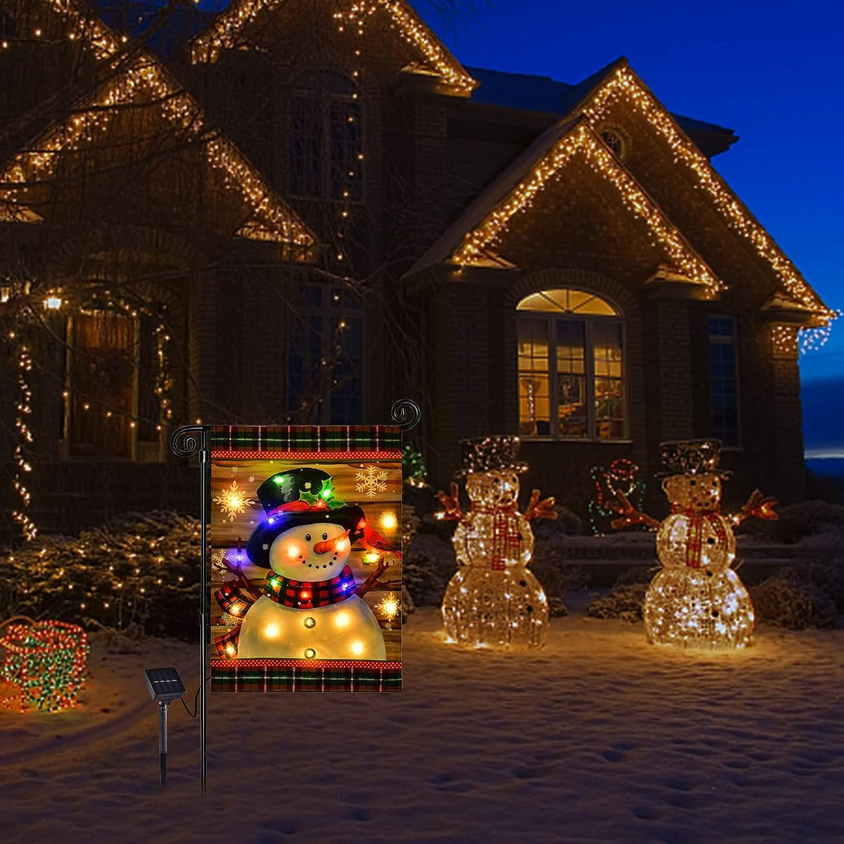 Lighted Christmas Garden Flag for Outside, Led Snowman Garden Flag, Winter Yard Flag 28x40 Double Sided for Outdoor Yard Porch Lawn Decoration