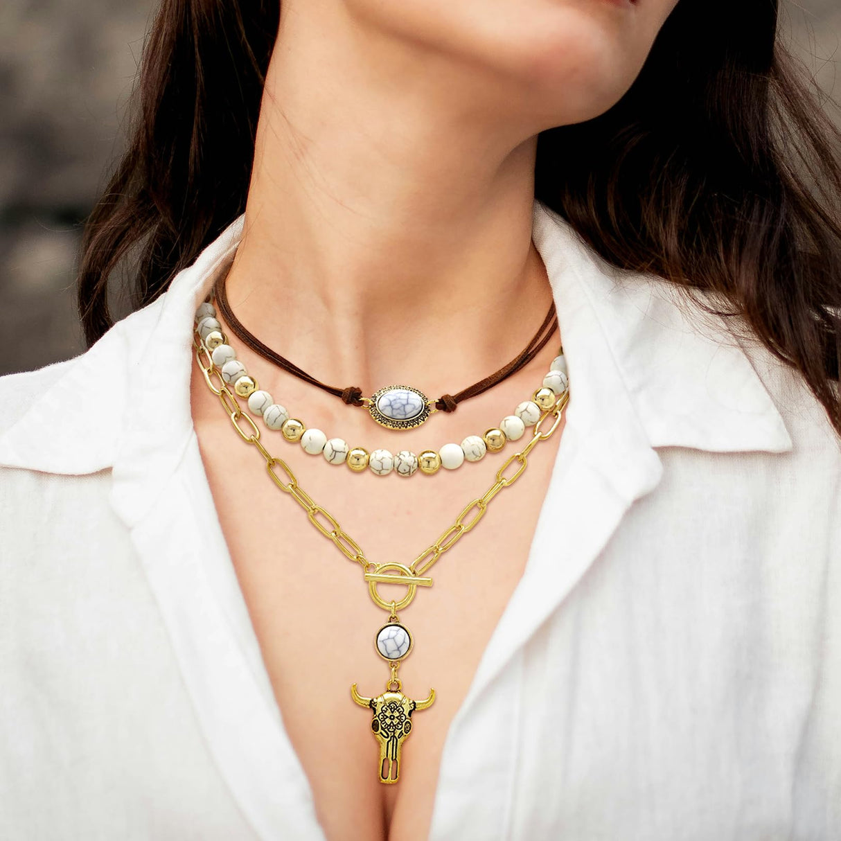 Fscwlmon 3 Pcs Layered Western Cowgirl Necklaces for Women Boho Turquoise Beaded Western Jewelry Rhinestone Cowboy Hat Boots Ox-Head Pendant Choker Paperclip Chain Cowboy Chic Country Accessory NTGJB