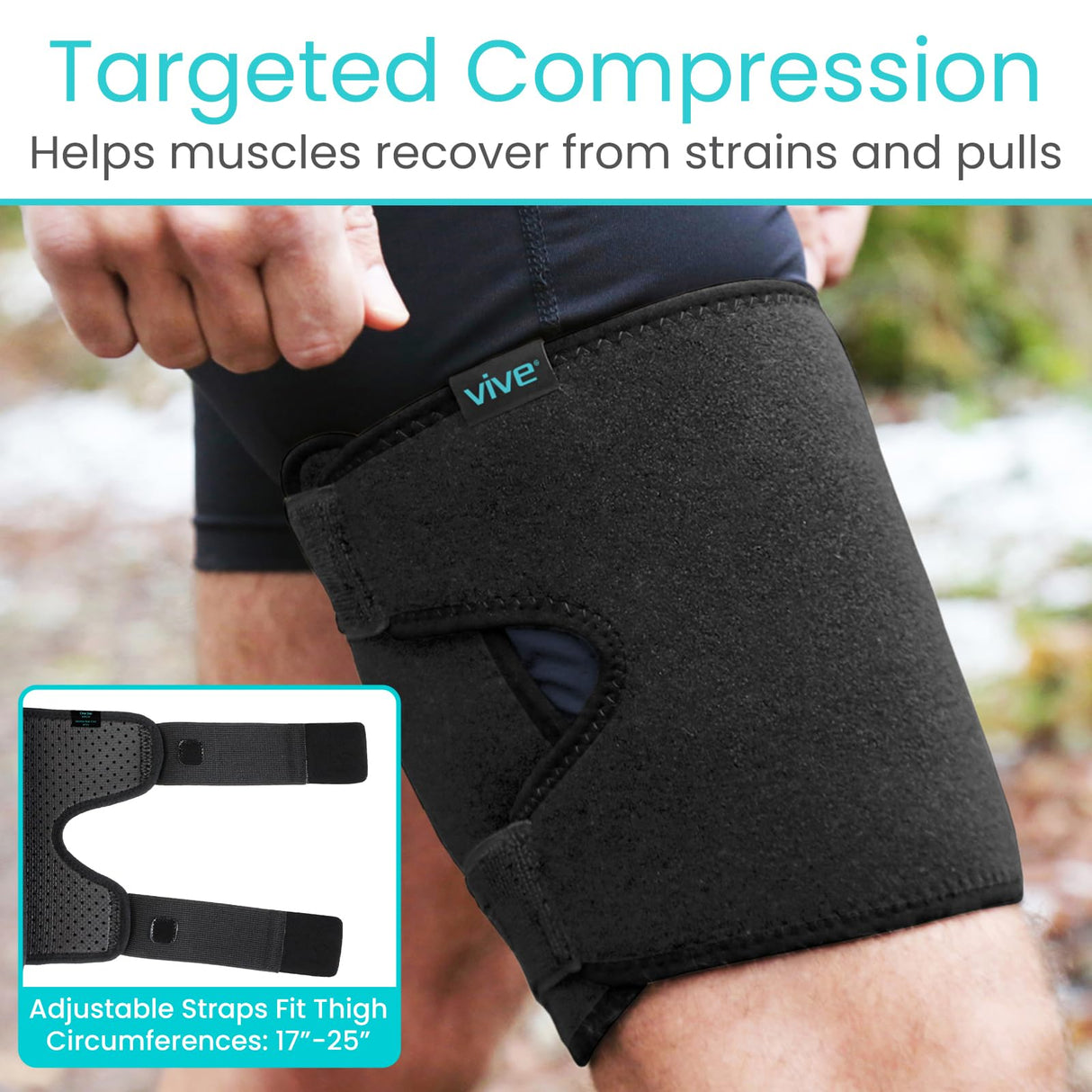 Vive Thigh Brace - Hamstring Quad Wrap - Adjustable Compression Sleeve Support for Pulled Groin Muscle, Sprains, Quadricep, Tendinitis, Workouts, Sciatica Pain and Sports Recovery - Men, Women (Black)
