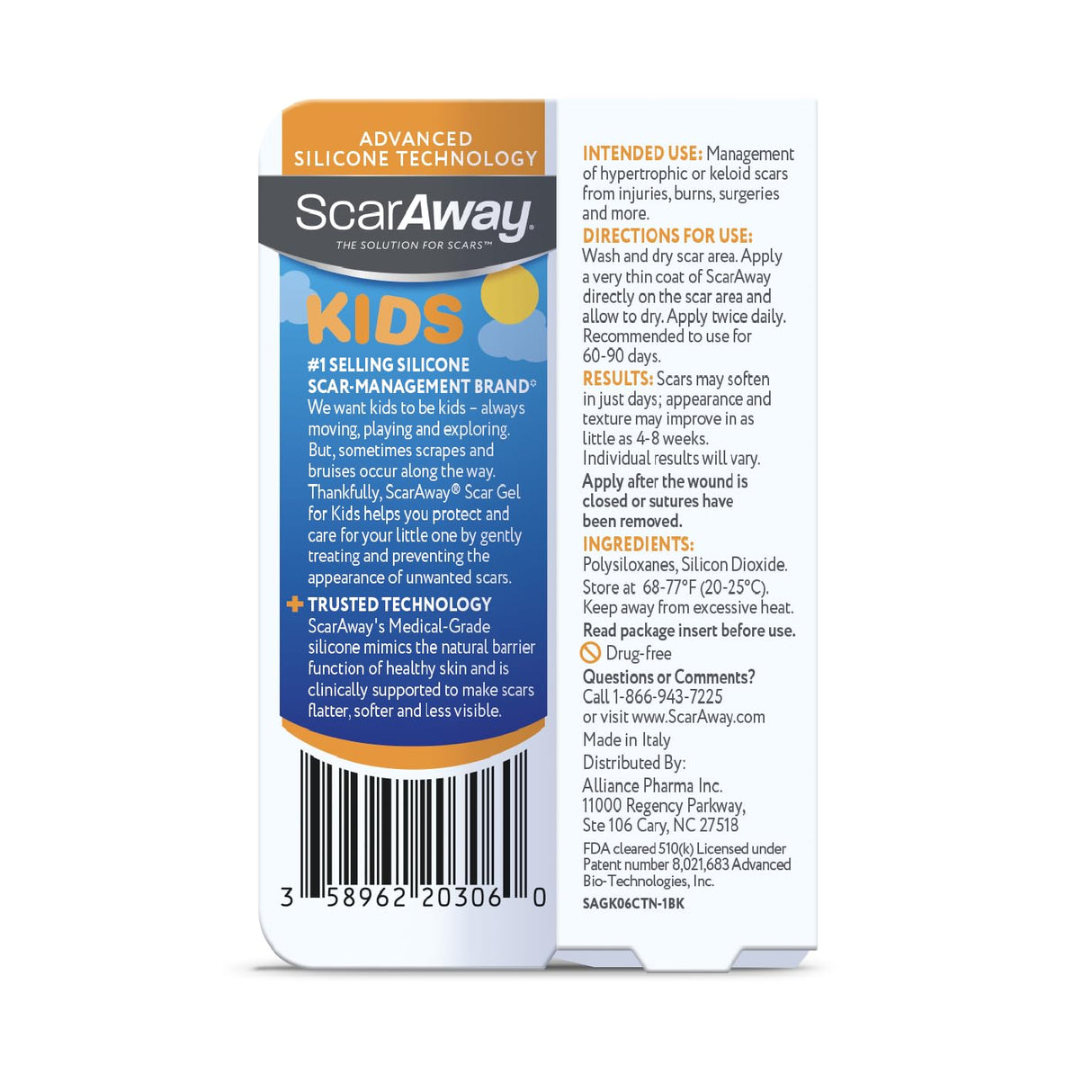 ScarAway Kids Silicone Scar Gel, 100% Medical-Grade, Helps Improve Size, Color & Texture of Hypertrophic & Keloid Scars on Face & Body from Injury, Burns & Surgery, Water Resistant, Clear, 6g