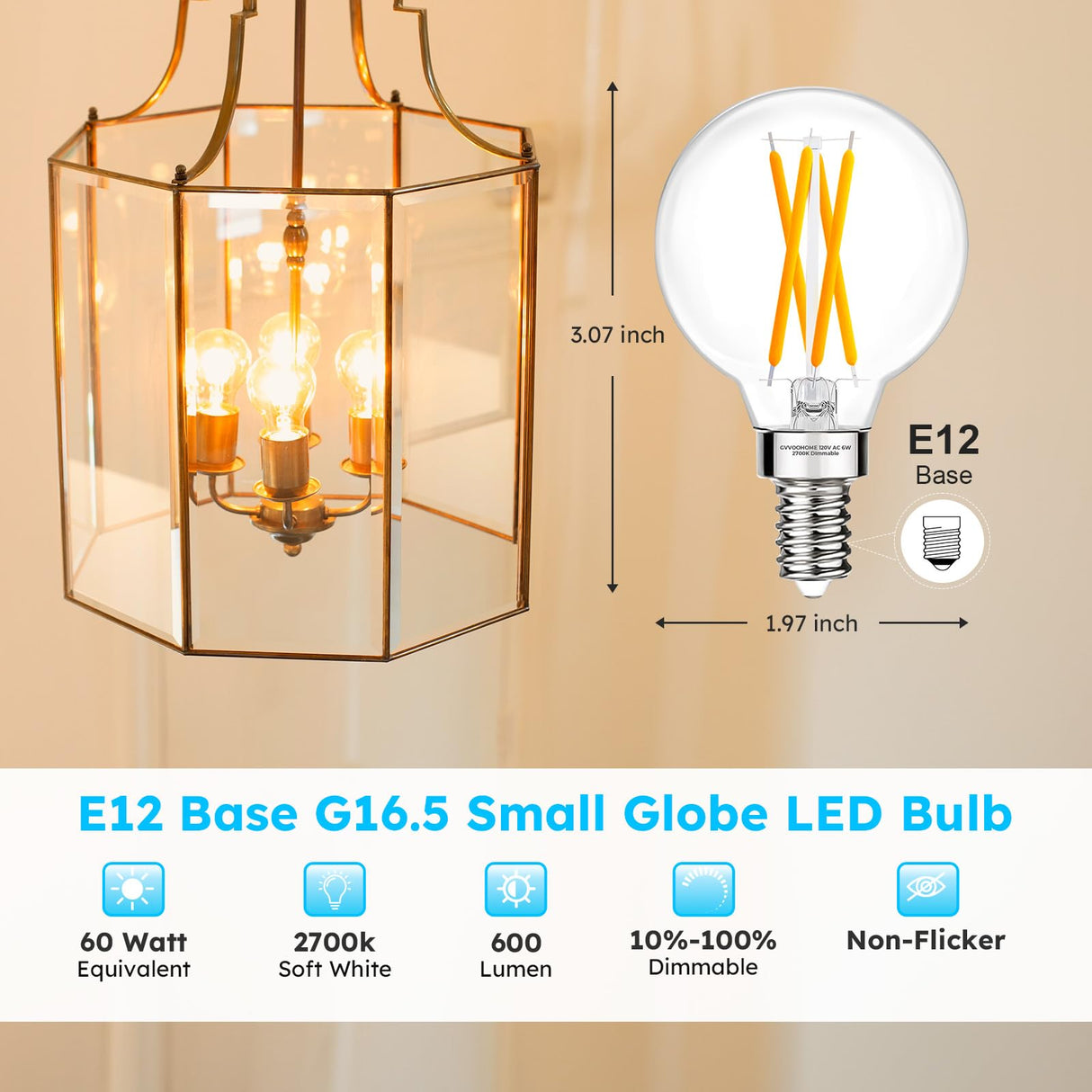 GvvooHome E12 G16.5 Candelabra Bulb, G16.5 Round Small Globe LED Bulb 2700K Warm White, Dimmable 6W 60W Equivalent, 600LM 90+CRI, Globe Light Bulbs Ideal for Ceiling Fans & Chandeliers, 6 Pack