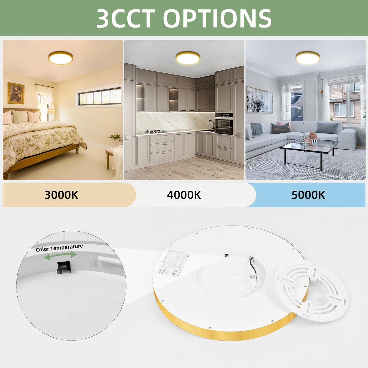 hykolity 12 Inch Selectable CCT LED Round Flat Panel Light, 24W 3000K/4000K/5000K, Edge-Lit Flush Mount Ceiling Light Fixture for Kitchen, Bedroom, Laundry and Closet Room,Gold