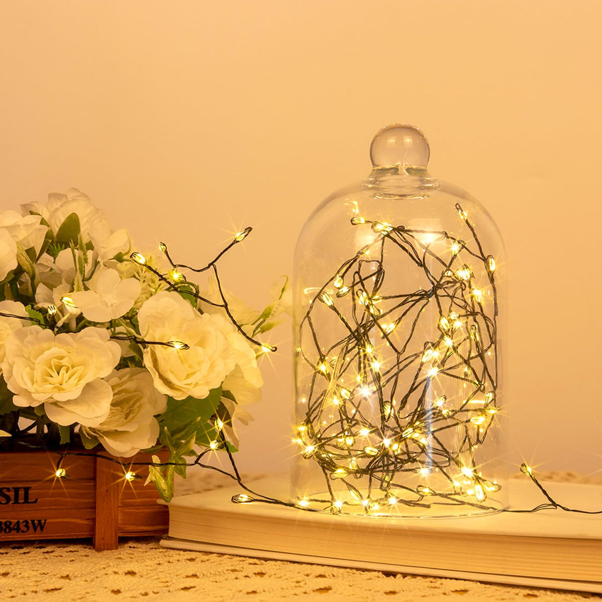 ZELUXDOT Firecracker Fairy Lights,33FT 300Leds Waterproof Twinkle Lights Plug in,8 Modes Remote String Light for Indoor Outdoor Christmas Wedding Birthday Patio Garden Decor,Green Wire,Warm White