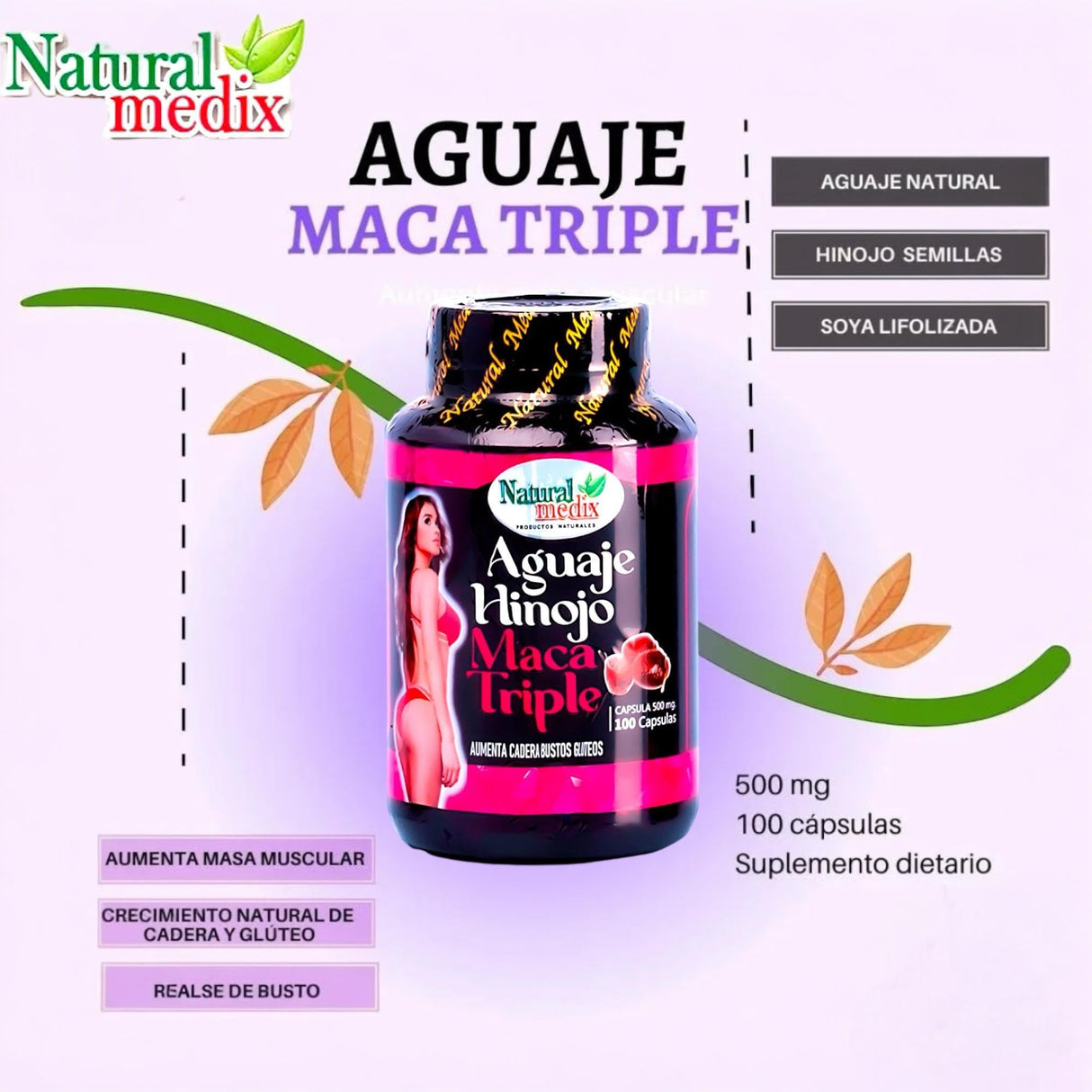 Natural medix Aguaje Hinojo Maca Triple (Maca Root Supplement) Premium 100 Capsules - Peruvian Butt and Breast Enhancement Capsules - Female Health Supplement - Curves Powerful Antioxidant