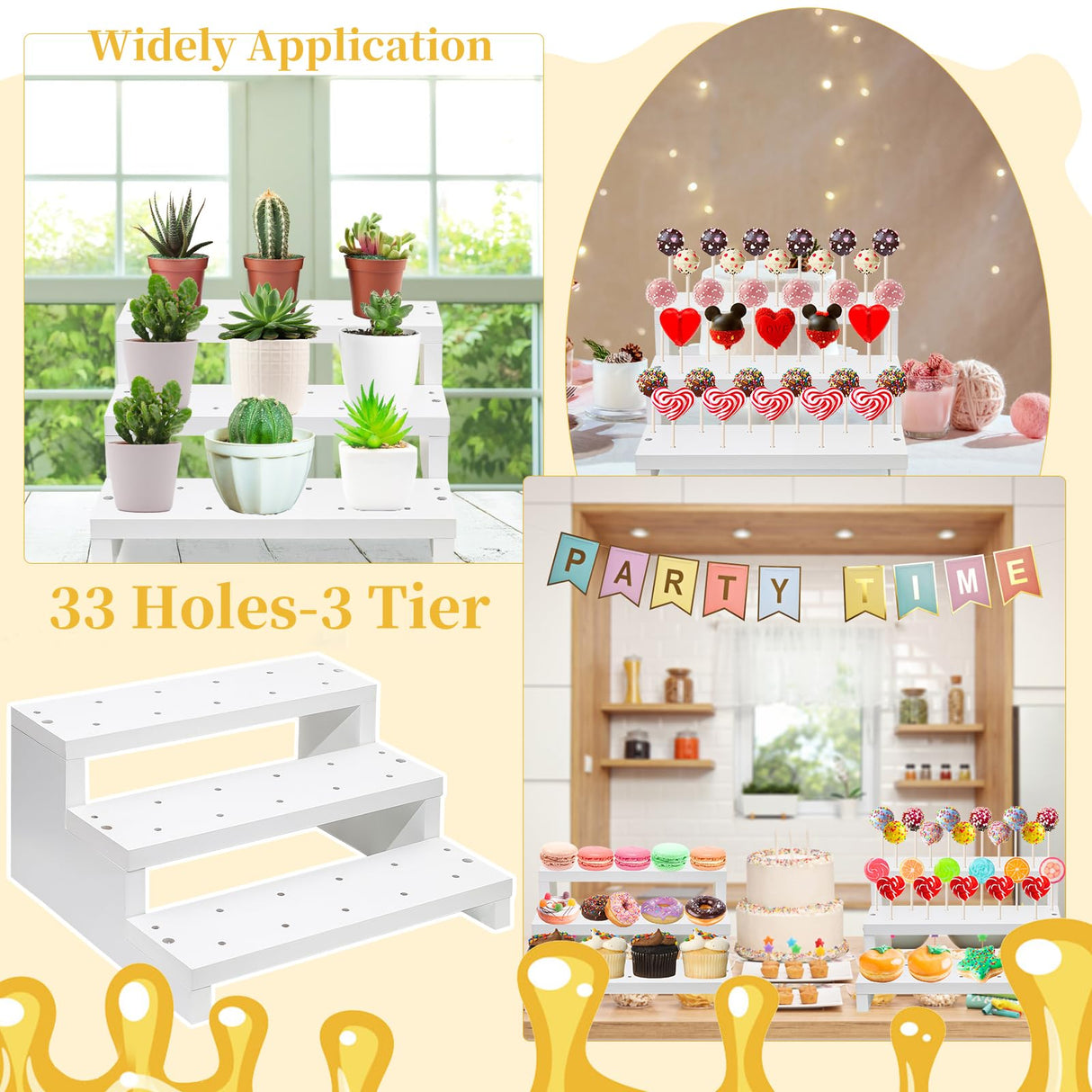 KHayRovies 2Pcs Wood Cake Pop Display Stand, White Lollipop Holder 3 Tier with Twist Ties Lollipop Sticks, 33 Holes Sucker Storage Rack for Dessert Table of Wedding Birthday Party Christmas Day (B)