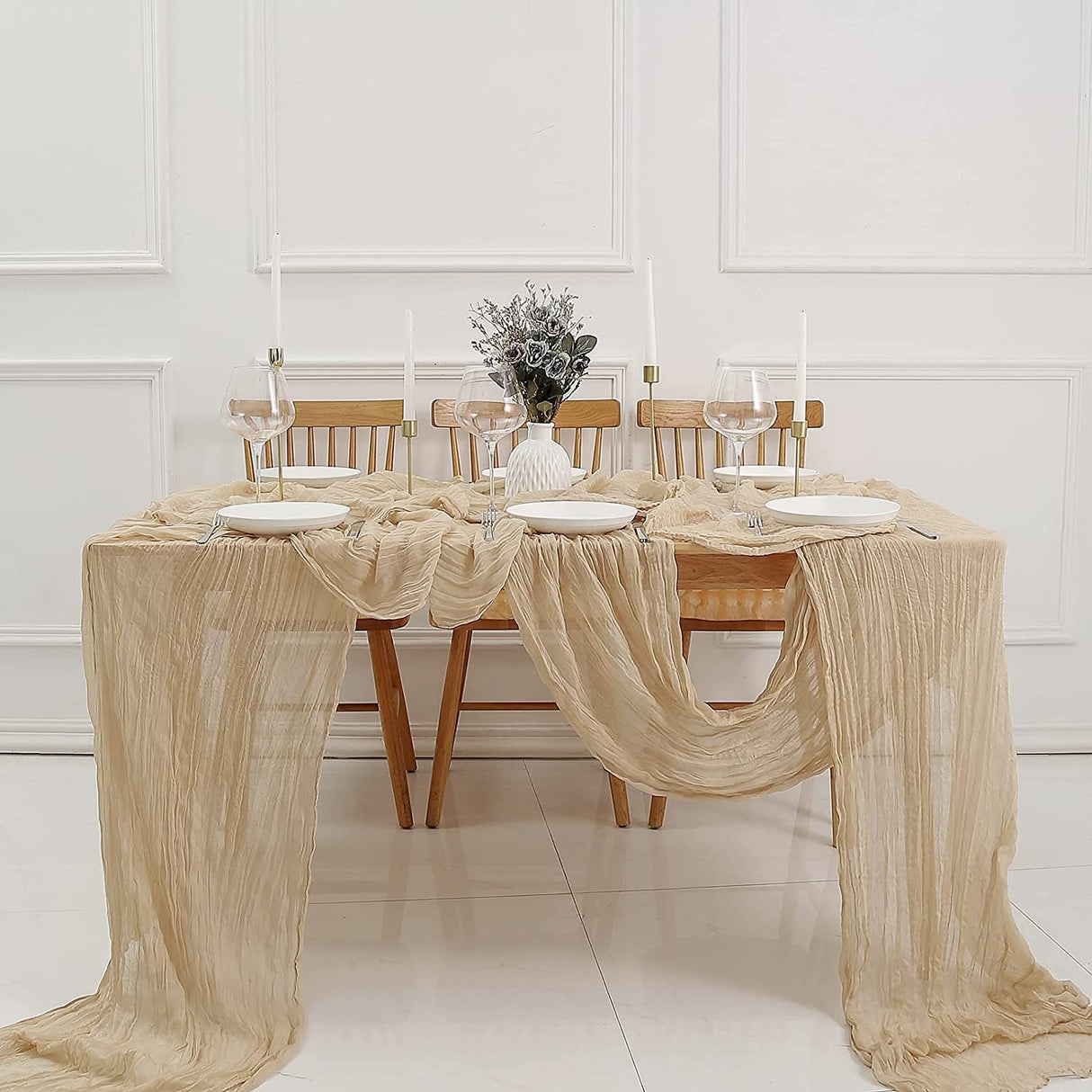 12 Pack Beige Cheesecloth Table Runner 10ft Boho Gauze Cheese Cloth Table Runner Rustic Sheer Runner 120 inch Long for Christmas Wedding Bridal Baby Shower Birthday Table Decorations