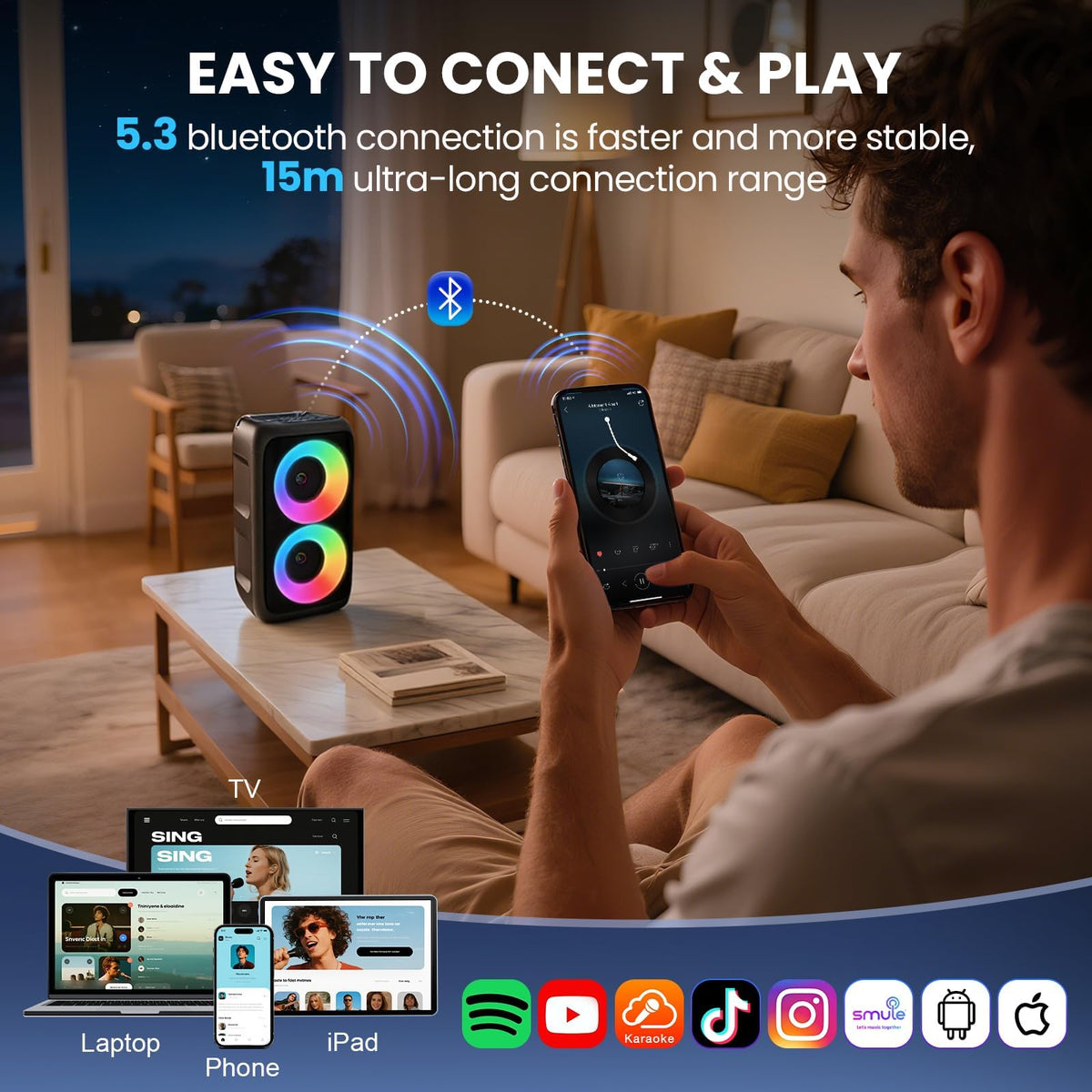 Bluetooth Speaker with 2 Wireless Microphones - Big Party Speaker for Adults Kids Karaoke with Lights - Portable Rechargeable Support TWS/AUX/USB/TF Card for Home Party Gift Floorstanding Speaker