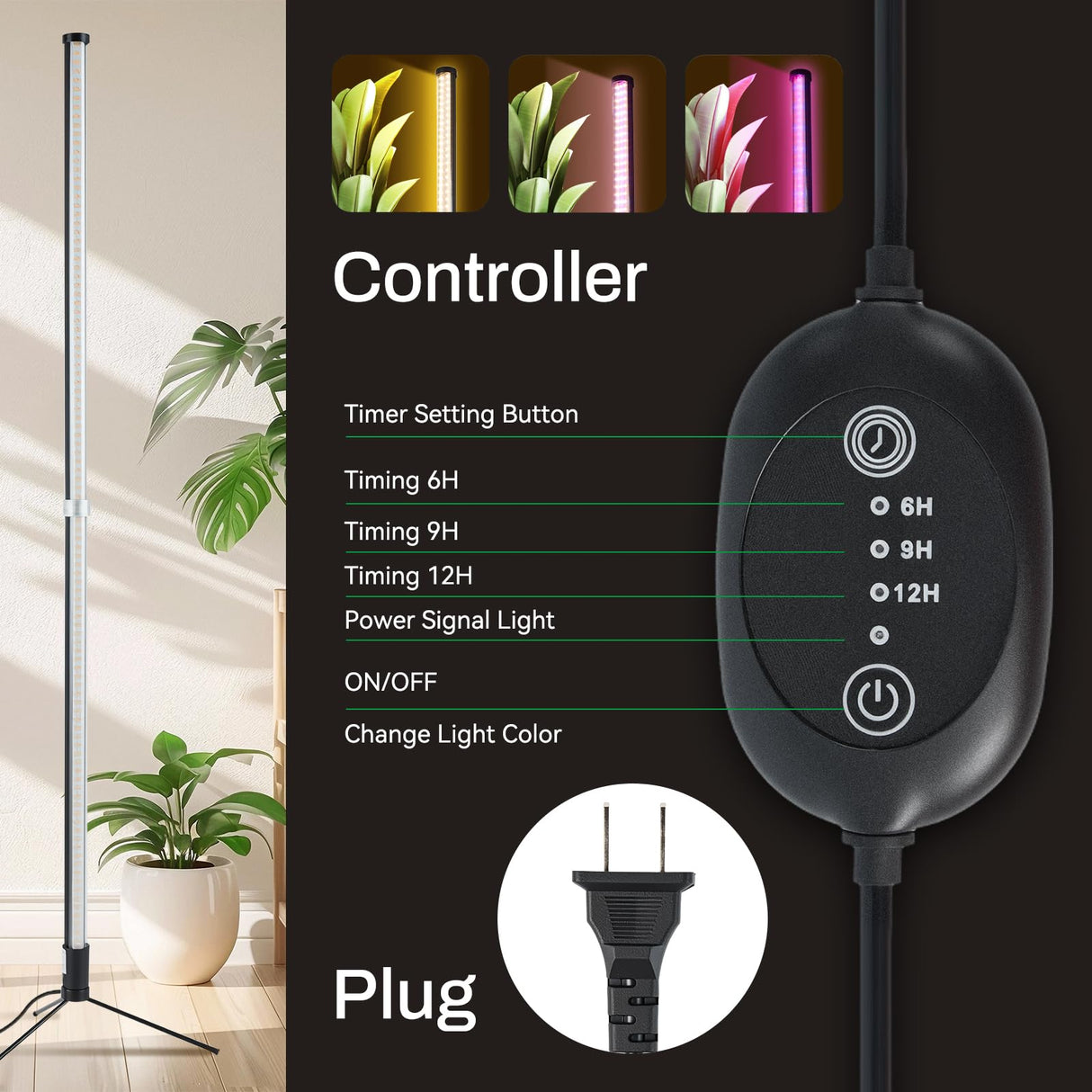 Atmel Standing Grow Lights for Indoor Plants with Timer 4Ft, 3 Adjustable Modes Full Spectrum Plant Lights for Indoor Growing, 243 LED Plant Grow Light for Flowering, Office, Indoor Garden