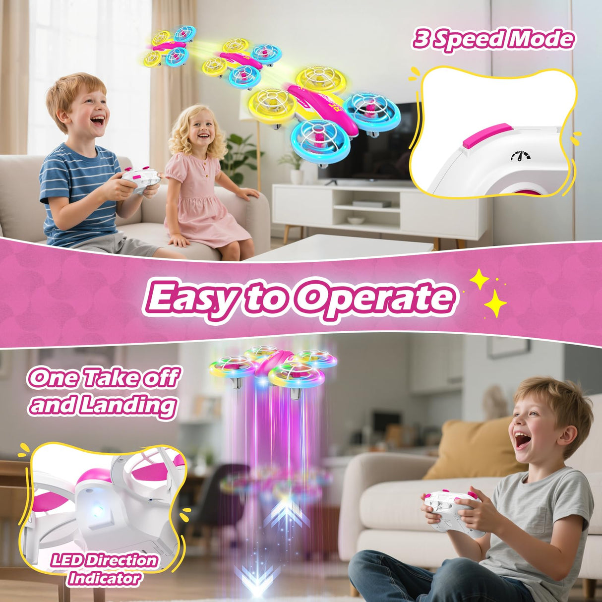 FUNPX LED RC Drone for Kids 6+, Christmas Birthday Gift for Boys & Girls with Remote Batteries, 360° Flips, 3 Speed Modes, 45 Min Flight Indoor and Outdoor Flying Toy - RoseRed Yellow