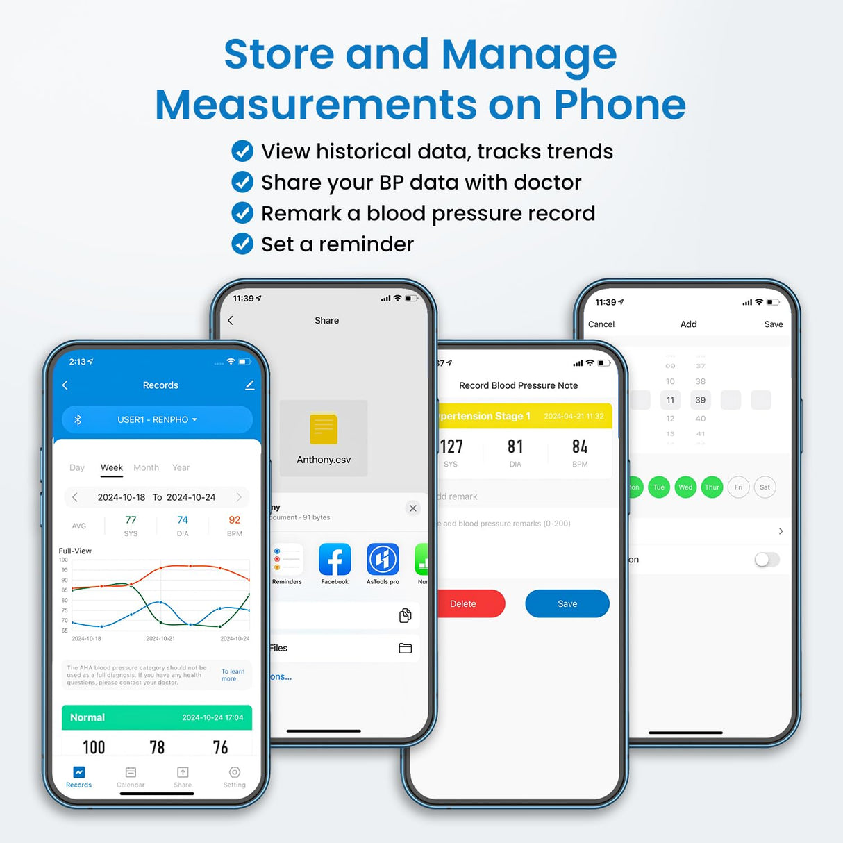 RENPHO Blood Pressure Monitor for Home Use, FSA HSA Eligible, Bluetooth Smart BP Machine with Wide Range Cuff for Large Size Adult Arms, Muti-Users, Data Storage, Family Supplies
