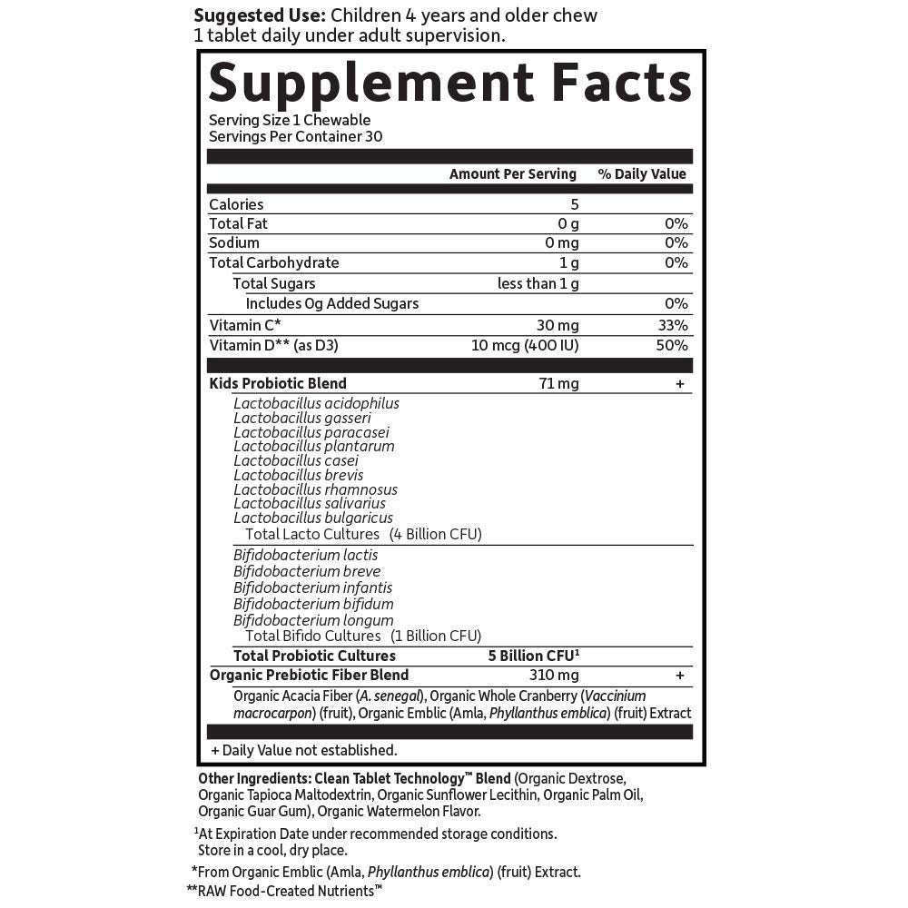 Garden of Life Dr. Formulated Probiotics Organic Kids+ plus Vitamin C & D - Watermelon - Gluten, Dairy & Soy Free Immune & Digestive Health Supplement, No Added Sugar, 30 Chewables (Shelf Stable)