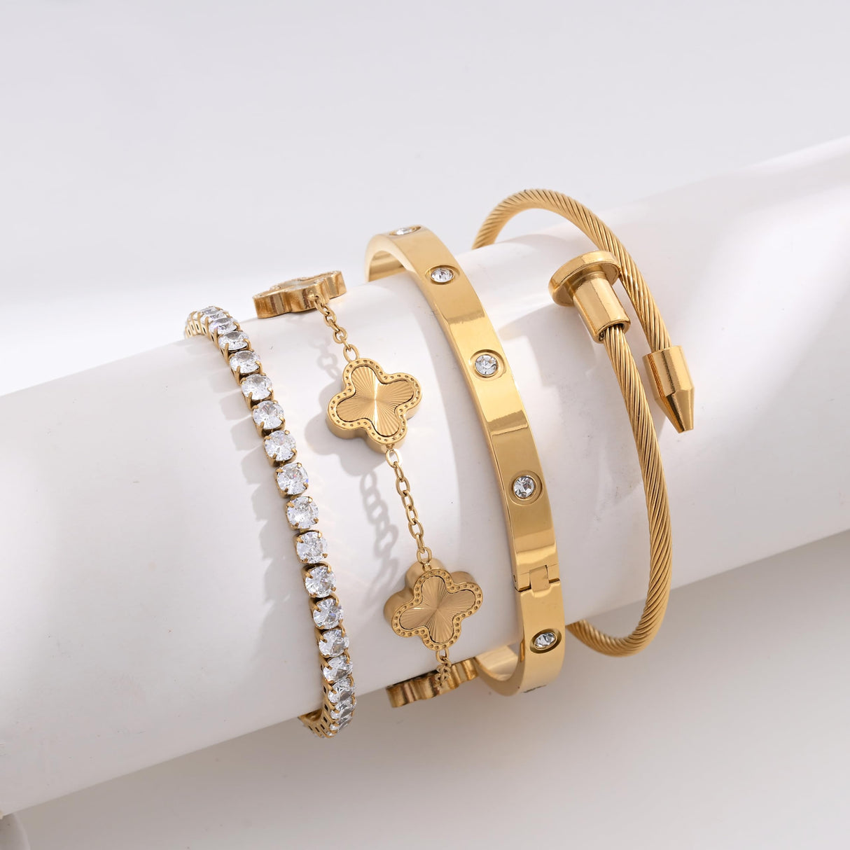 Billet-doux 18K Gold Plated Non-Tarnish Nail Love Bangle Bracelets Set For Women, Stackable Waterproof Four-Leaf Clover Adjustable Tennis Bracelet Trendy Jewelry Gifts Perfect for Her