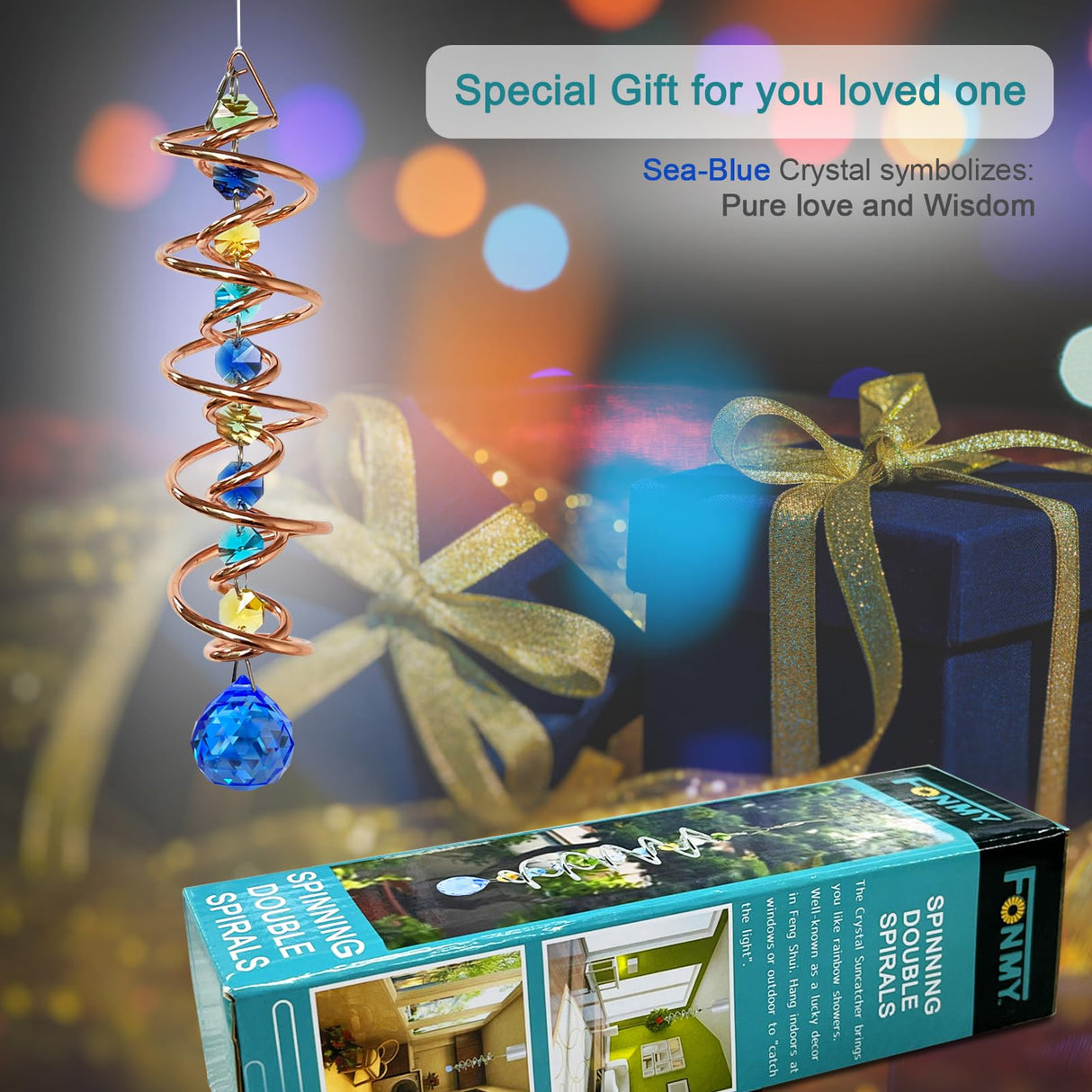 FONMY Gazing Ball Spiral Tail -Decorative Wind Spinner Sun Catcher Rainbow Maker Copper Double-Spiral W/Sea Blue Crystal Ball and Chain Crystals Beads for Indoor Outdoor Garden Decoration -14 inch H